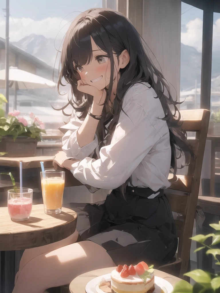 (looking away:1.2),(masterpiece:1.2), (best quality),(ultra detailed),(extremely detailed),(absolutely resolution) ,absurdres,8k, 1girl-drinking-fruits-juice, cafe, sitting-on-the-chair, grin, cake, mountain, blue-coral-sea, flowers-pods, windy,
BREAK, ultra detailed eyes, long hair, messy hair, (gradation hair:1.2),
