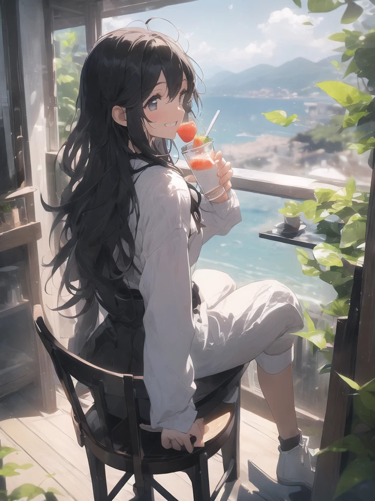 (looking away:1.2),(masterpiece:1.2), (best quality),(ultra detailed),(extremely detailed),(absolutely resolution) ,absurdres,8k, 1girl-drinking-fruits-juice, cafe, sitting-on-the-chair, grin, cake, mountain, blue-coral-sea, flowers-pods, windy,
BREAK, ultra detailed eyes, long hair, messy hair, (gradation hair:1.2),