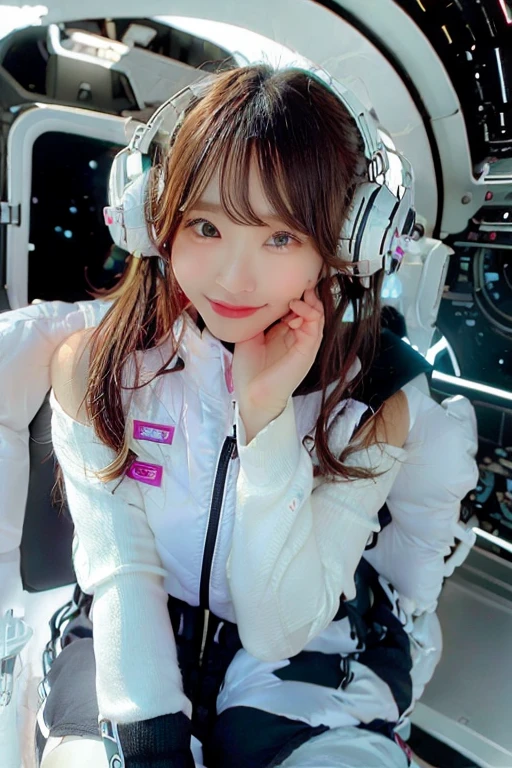 High resolution, highest quality, Perfect dynamic composition, Beautiful details, Off the shoulder、Shiny Hair、Medium Hair, Natural color lip, university student、Harajuku、smile、squat、M-shaped feet,(astrovest):3,(black sleeves):5,inside spacestation,inside spacecraft,,zero gravity,smile,open leg,blush:1.5,hidden hands,neotech