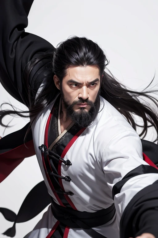 Zidink, Monochrome, Ink Sketch, One boy, Asian (Middle-aged men), (Long beard, Facial hair), Combat Stance, View your viewers, Long Hair, floating hair, Hanfu, Chinese clothing, Long sleeve, (Abstract ink splashes:1.2), White Background