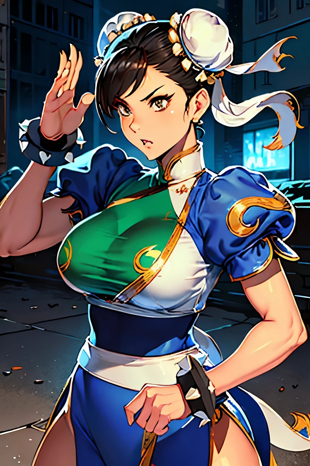 Pixel art representation of Chun LI and Ken from Street Fighter, showcasing high-detailed designs and vibrant colors. Each pixel carefully placed to bring out the intricacies of their uniforms and expressions. Chun LI, with her confident stance and focused eyes, dressed in her trademark green outfit and headband. Ken, standing next to her, dressed in his gi and red bandana, radiating strength and determination. The background depicts a gritty urban setting, the bricks and concrete textures evident in every pixel, adding to the authentic Street Fighter experience.