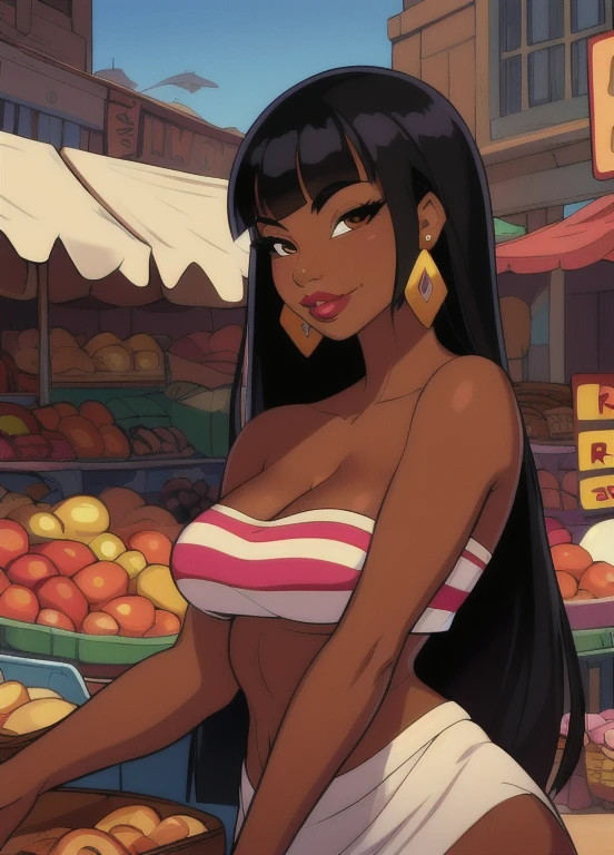 masterpiece, best quality, 1girl, solo, chel, black hair, long hair, blunt bangs, brown eyes, dark skin, lipstick, tube top, cleavage, bare shoulders, earrings, seductive smile, looking at viewer, market background
