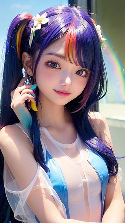 Small face、 (alone:1.5,)Very detailed,Bright colors, Very beautiful detailed anime faces and eyes, Look straight ahead,  Shiny_skin,girl, (((Rainbow Hair, Colorful Hair, Half red、half blue hair: 1.2))), 、Shiny hair, Delicate beautiful face, blush、Glasses、(Turquoise Eyes), , Valletta, Earrings,、Flower Garden、Sunset、(((See-through、sexy、One piece swimsuit、White、,Translucent shirt)))、（Twin tails）、smile、Happy Face、face dyed red、Cheerful pose、dynamic、