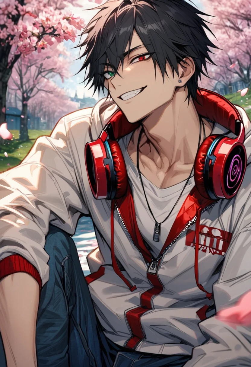 absurdres, highres, ultra detailed, HDR, master piece, best quality, Yamada Ichiro, chin length black hair, Hypnosis Mic, heterochromia, left eye is red, right eye is green, a white hoodie with two zippers, red varsity jacket, red headphones around his neck, blue jeans, solo, sexy man, handsome, grin, spring, blossoms, trees, petals