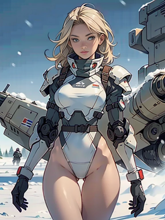 1woman 20 years old, military, snow camouflaged uniform, beautiful, perfect body, realistic, blonde hair, perfect body, thin waist, , large breasts, slim thighs, snow battlefield, armored tank, flying fighters, military robot dog, wealth of details, tight panties, marking on the front, slender knees, highly detailed, high resolution, prefect hands, slender thighs, thigh gap