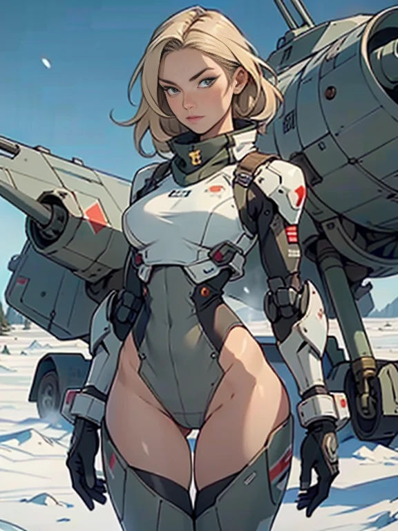 1woman 20 years old, military, snow camouflaged uniform, beautiful, perfect body, realistic, blonde hair, perfect body, thin waist,  , large breasts, slim thighs, snow battlefield, armored tank, flying fighters, military robot dog, wealth of details, tight panties, marking on the front, slender knees, highly detailed, high resolution, prefect hands, slender thighs, thigh gap