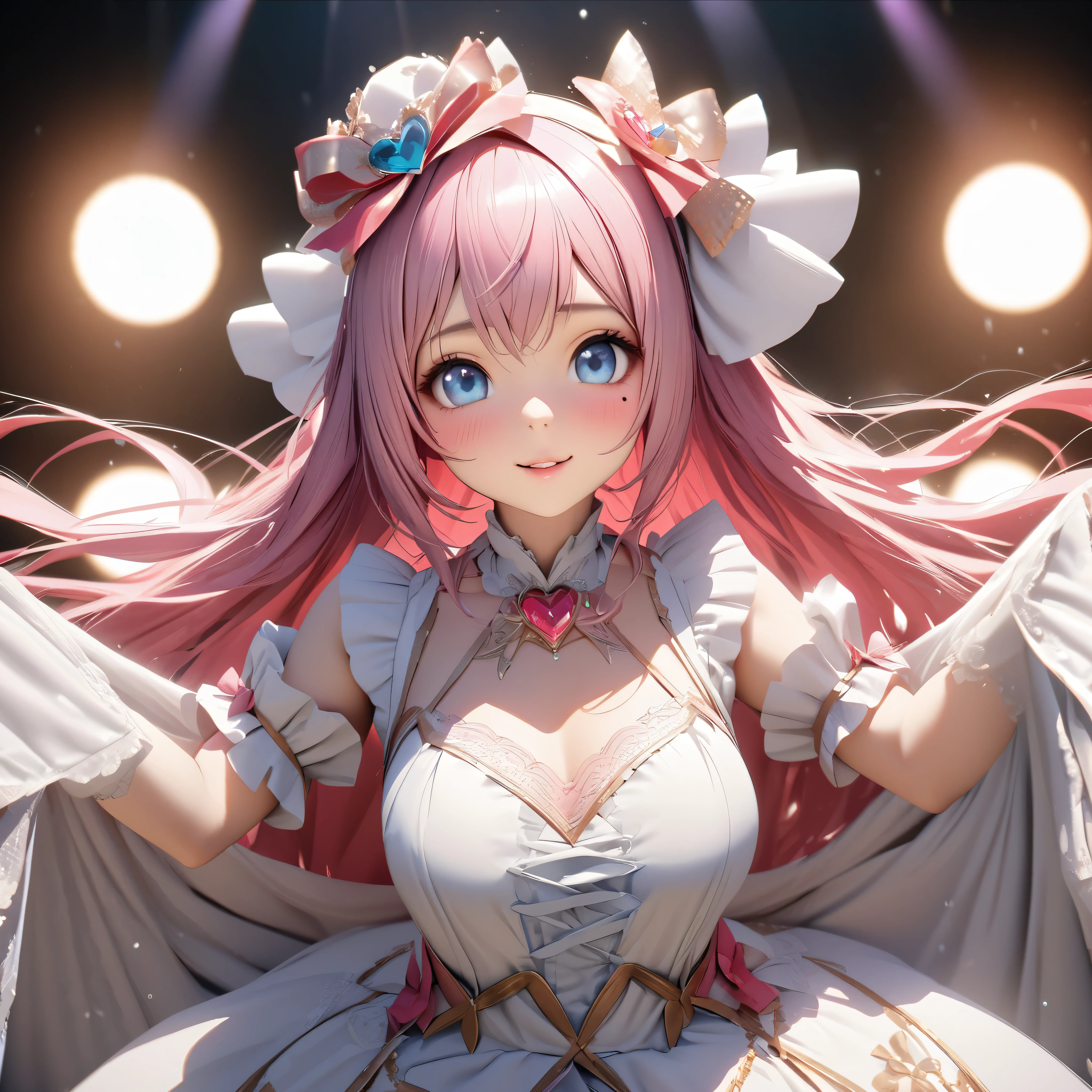 One Girl、Looking at the audience、
Beautiful Blue Eyes、Long hair with pink hair、Mole under the eye、Plump and glossy lips、Heart-shaped choca、Idol、smile、ー、。.。.。.。.。.。.。.。.。.。.。.。.。.。.。.。.。.。.3D、Realistic、
Princess dress with too many frills、Drape clothes、gem、The decoration has been removed、Floral、Lace trim、bright stage、
masterpiece、highest quality、8k、Detailed skin texture、Detailed cloth texture、Beautifully detailed face、Intricate details、Very detailed、
超A high resolution、8K Ultra HD、Film Grain、Best Shadow、delicate、Staring at the audience、front