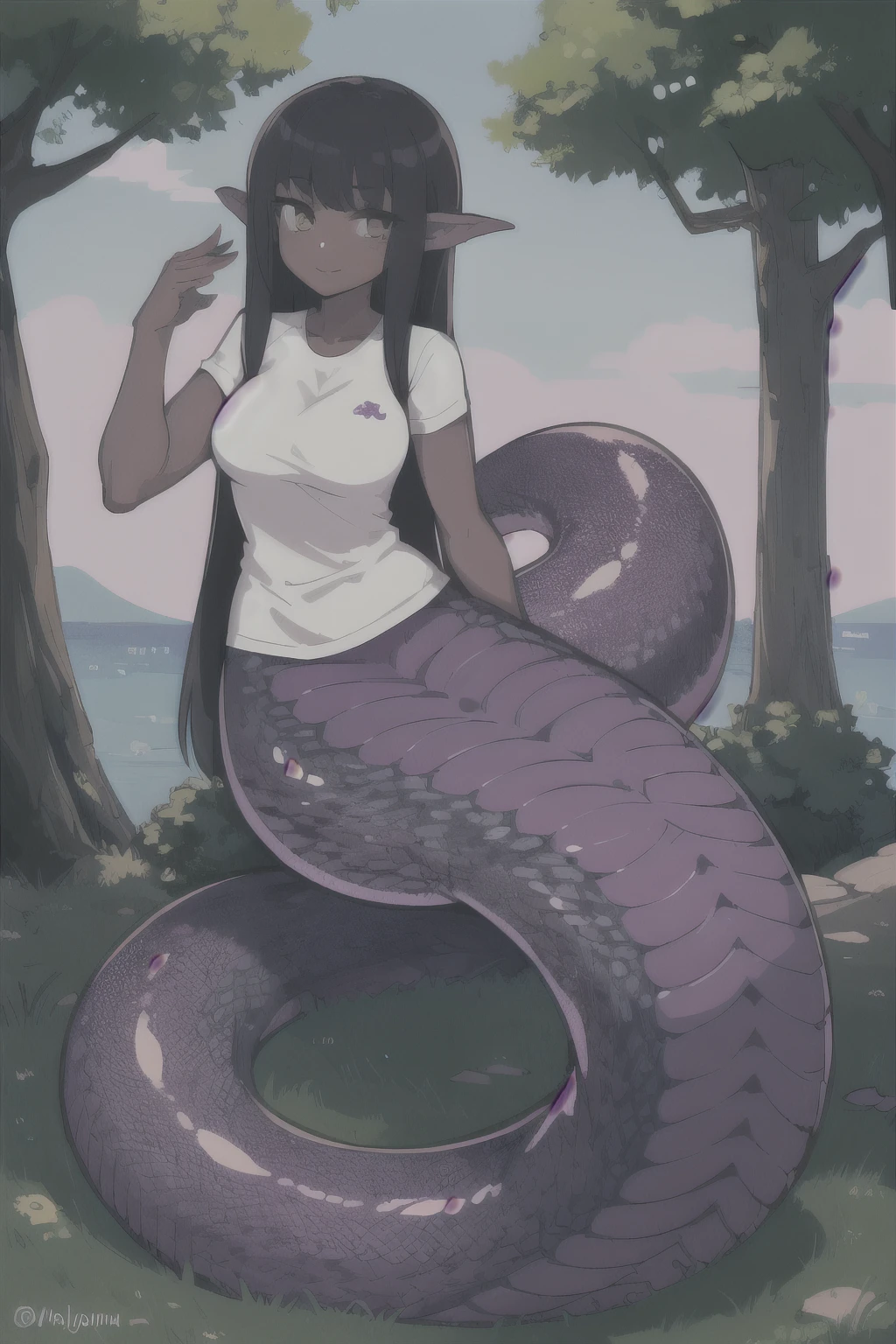 1girl, lamia, scales, white shirt, full body, outdoors, darkskin, purple scales, black hair