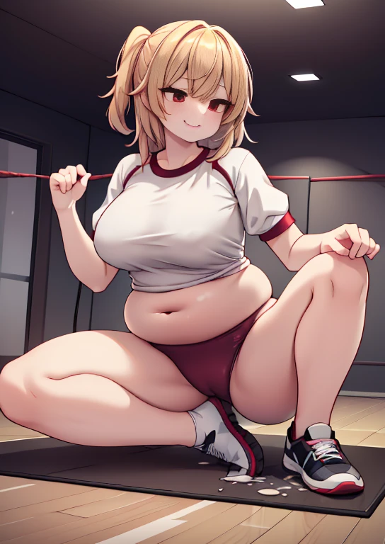 (masterpiece, best quality, highly detailed), 1girls, big belly, huge belly, art by kipteitei, round belly, chubby, curvy, belly grab, enormous belly, fat belly, thicc, bigger belly, really big belly, jiggly belly, glasses, ((((extremely thight gym clothes)))), ((cum on belly)), smug face, sitting, ((full body)), long hair, ((dominant)), (giantess), Flandre scarlet