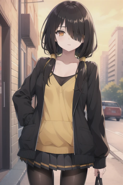 tokisaki kurumi, black hair, twintails, (hair over one eye:1.5), (red eyes:1.2), (yellow eyes:1.5), heterochromia, (small breast:1.2),
, jacket, pantyhose, pleated skirt, black pantyhose,