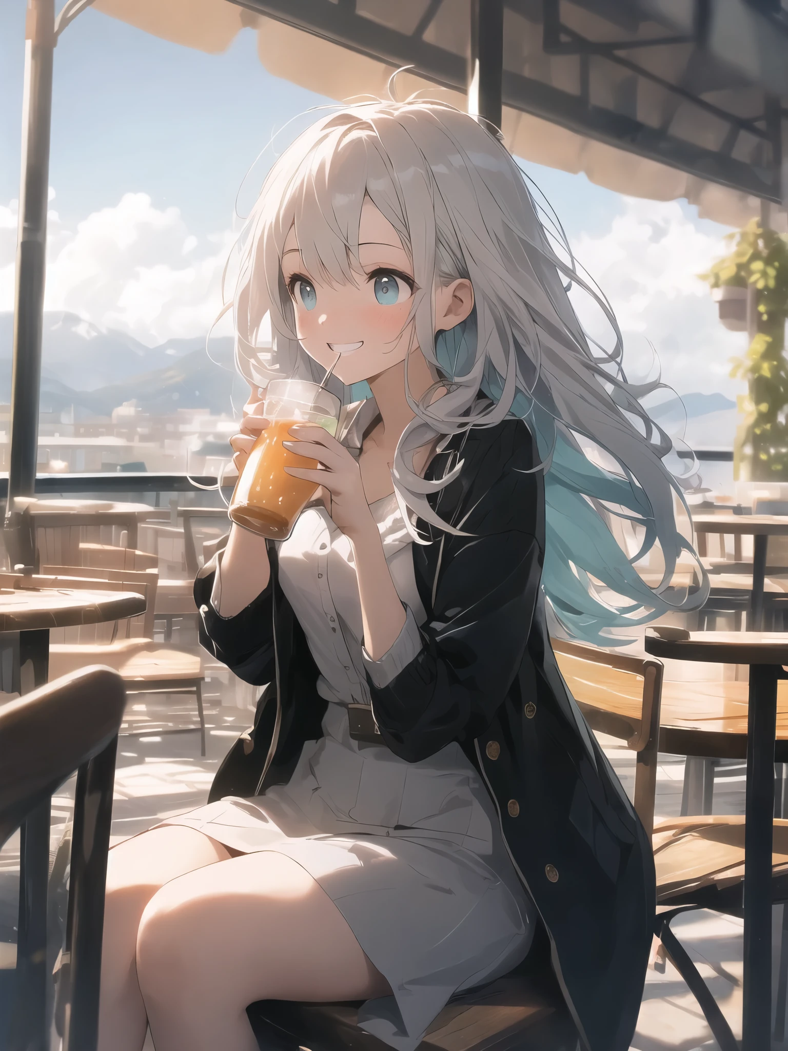 (looking away:1.2),(masterpiece:1.2), (best quality),(ultra detailed),(extremely detailed),(absolutely resolution) ,absurdres,8k, 1girl-drinking-fruits-juice, cafe, city, sitting-on-the-chair, grin, cake, mountain, blue-coral-sea, flowers-pods, windy,
BREAK, ultra detailed eyes, long hair, messy hair, (gradation hair:1.2),