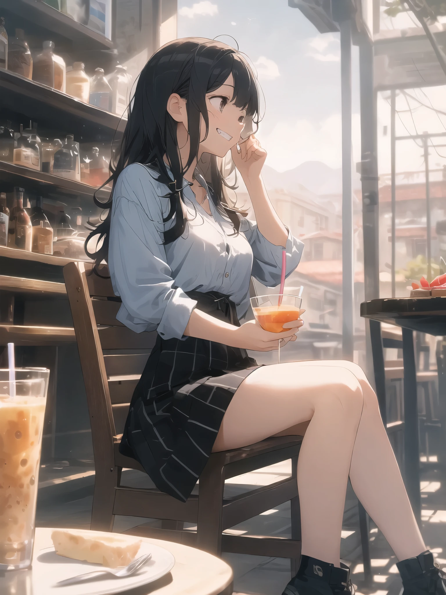 (looking away:1.2),(masterpiece:1.2), (best quality),(ultra detailed),(extremely detailed),(absolutely resolution) ,absurdres,8k, 1girl-drinking-fruits-juice, cafe, city, sitting-on-the-chair, grin, cake, mountain, blue-coral-sea,  flowers-pods, windy, 
BREAK,  ultra detailed eyes, long hair, messy hair, (gradation hair:1.2),