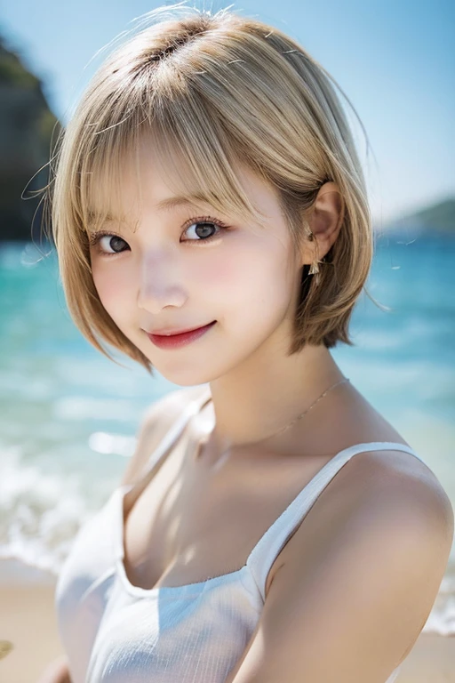 table top, highest quality, 8K, 20 year old lady, Raw photo, absurd, award-winning portraits, smile, one person, idol face, naked, beach side delicate girl, Upper body, Digital single-lens reflex camera, looking far away, Frank, Sophisticated, thin arms, professional lighting, film grain, chromatic aberration, (Eye and face details:1.0), (Bokeh:1.1) , close her mouth , short hair ,light Blond hair ,very small breasts,cute, short hair

