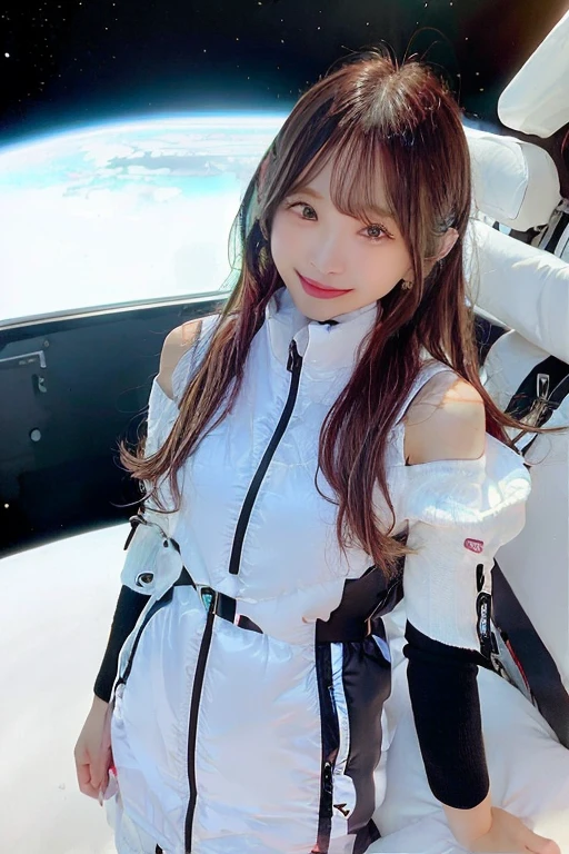 High resolution, highest quality, Perfect dynamic composition, Beautiful details, Off the shoulder、Shiny Hair、Medium Hair, Natural color lip, university student、Harajuku、smile、(astrovest):3,(black sleeves):5,inside spacestation,inside spacecraft,,zero gravity,smile,open leg,blush:1.5,hidden hands,neotech