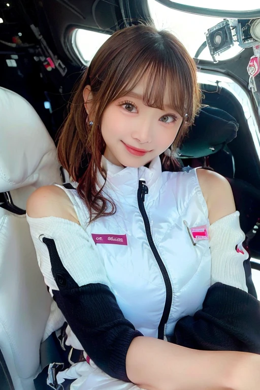 High resolution, highest quality, Perfect dynamic composition, Beautiful details, Off the shoulder、Shiny Hair、Medium Hair, Natural color lip, university student、Harajuku、smile、(astrovest):3,(black sleeves):5,inside spacestation,inside spacecraft,,zero gravity,smile,open leg,blush:1.5,hidden hands,neotech