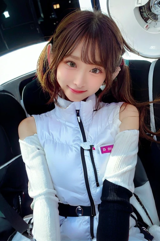 High resolution, highest quality, Perfect dynamic composition, Beautiful details, Off the shoulder、Shiny Hair、Medium Hair, Natural color lip, university student、Harajuku、smile、(astrovest):3,(black sleeves):5,inside spacestation,inside spacecraft,,zero gravity,smile,open leg,blush:1.5,hidden hands,neotech