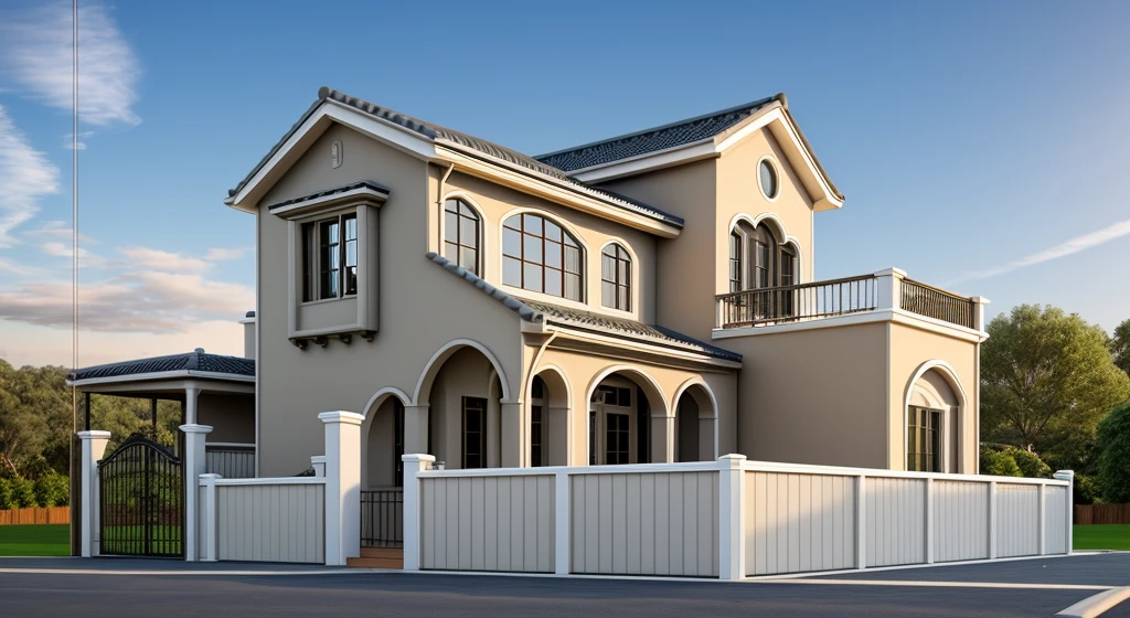 A house, exterior, outdoor, windows, street, tree, garden, gate, wool fence, bancony, glass railing, style neoclassic, grass