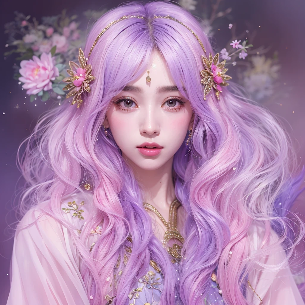 (((Single eyelid)))Snow hoop exclusion area 32K(tmasterpiece,k hd,hyper HD,32K)Long flowing purple-pink hair,Autumn Pond,zydink, a color, Tongzhou people (Girl with glowing eyes), (Thin silk scarf), Side squat position, looking at the ground, long whitr hair, Floating hair, Python headdress, Chinese long-sleeved clothing, (abstract ink splash:1.2), white backgrounid,Lotus protector(realisticlying:1.4),Purple-pink hair,Snowflakes fluttering,The background is pure, A high resolution, the detail, RAW photogr, Sharp Re, Nikon D850 Film Stock Photo by Jefferies Lee 4 Kodak Portra 400 Camera F1.6 shots, Rich colors, ultra-realistic vivid textures, Dramatic lighting, Unreal Engine Art Station Trend, cinestir 800,Long flowing purple-pink hair,((masterpiece)). This artwork is sweet, dreamy and ethereal, with soft pink watercolor hues and candy accents. Generate a delicate and demure fae exploring a (bubblegum world with a wide variety of pastel shades). Her sweet face is extremely detailed and realistic with elegant features and a fierce expression, and looks like ((((naomi scott)))). Include mature features and stunning, highly realistic eyes. Her eyes are important and should be realistic, highly detailed, and beautiful. In high definition and detail, include lots of details like stars, galaxies, colorful bubbles, colorful petals, and lots of energy and emotion! The stars and colorful bubblegum bubbles are important! Include fantasy details, enhanced details, iridescence, colorful glittering wind, and pollen. Pay special attention to her face and make sure it is beautifully and realistically detailed. The image should be dreamy and ethereal.8k, intricate, elegant, highly detailed, majestic, digital photography