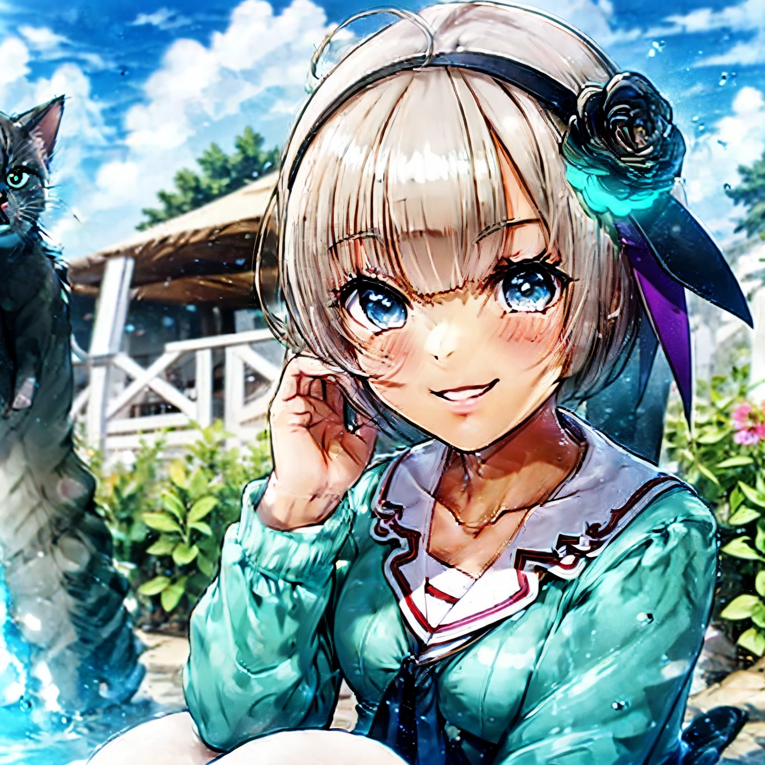 Absurd, Ultra-detailed,Bright colors,(8k:1.5),Masseter muscle area,bright landscape、for that, Blue sky、Very beautifully detailed face and eyes,(deep blue eyes:1.4) valley、Pink skin、Summer Morning、A back alley with lots of flowers blooming、(Cat Pose),(The smile is too cute:1.3)、Double teeth,