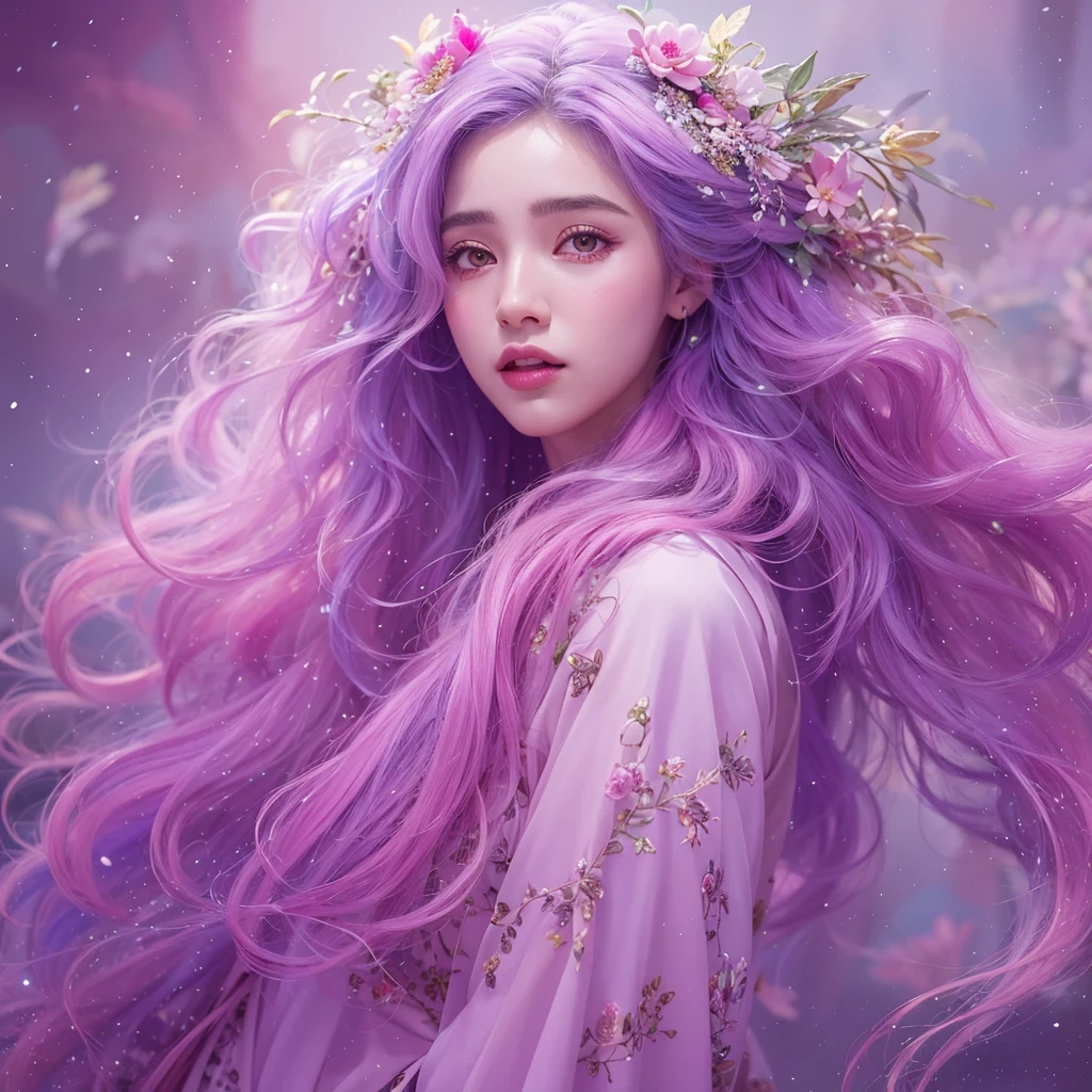 （（（Single eyelid）））Snow hoop exclusion area 32K（tmasterpiece，k hd，hyper HD，32K）Long flowing purple-pink hair，Autumn Pond，zydink， a color， Tongzhou people （Girl with glowing eyes）， （Thin silk scarf）， Side squat position， looking at the ground， long whitr hair， Floating hair， Python headdress， Chinese long-sleeved clothing， （abstract ink splash：1.2）， white backgrounid，Lotus protector（realisticlying：1.4），Purple-pink hair，Snowflakes fluttering，The background is pure， A high resolution， the detail， RAW photogr， Sharp Re， Nikon D850 Film Stock Photo by Jefferies Lee 4 Kodak Portra 400 Camera F1.6 shots, Rich colors, ultra-realistic vivid textures, Dramatic lighting, Unreal Engine Art Station Trend, cinestir 800，Long flowing purple-pink hair，((masterpiece)). This artwork is sweet, dreamy and ethereal, with soft pink watercolor hues and candy accents. Generate a delicate and demure fae exploring a (bubblegum world with a wide variety of pastel shades). Her sweet face is extremely detailed and realistic with elegant features and a fierce expression, and looks like ((((naomi scott)))). Include mature features and stunning, highly realistic eyes. Her eyes are important and should be realistic, highly detailed, and beautiful. In high definition and detail, include lots of details like stars, galaxies, colorful bubbles, colorful petals, and lots of energy and emotion! The stars and colorful bubblegum bubbles are important! Include fantasy details, enhanced details, iridescence, colorful glittering wind, and pollen. Pay special attention to her face and make sure it is beautifully and realistically detailed. The image should be dreamy and ethereal.8k, intricate, elegant, highly detailed, majestic, digital photography