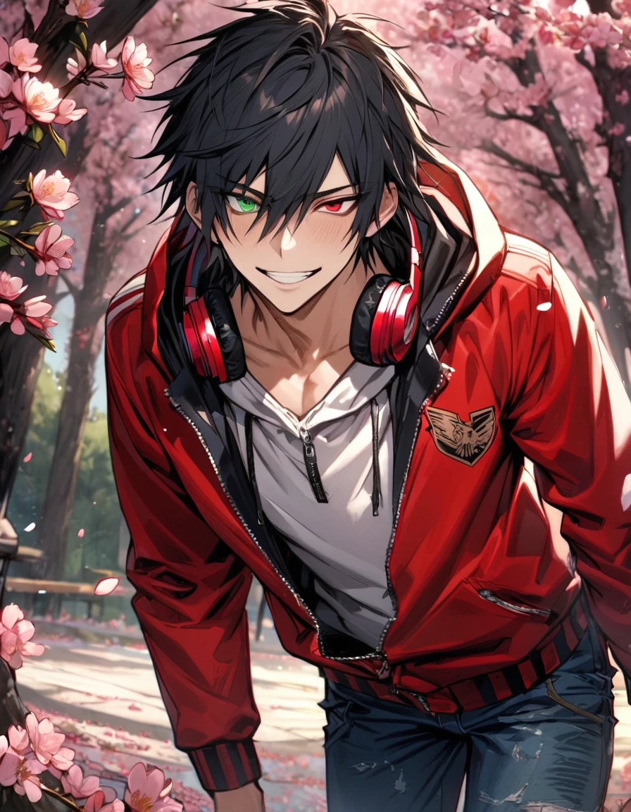 absurdres, highres, ultra detailed, HDR, master piece, best quality, Yamada Ichiro, chin length black hair, Hypnosis Mic, heterochromia, left eye is red, right eye is green, a white hoodie with two zippers, red varsity jacket, red headphones around his neck, blue jeans, solo, sexy man, handsome, grin, spring, blossoms, trees, pink petals, pink butterflies 