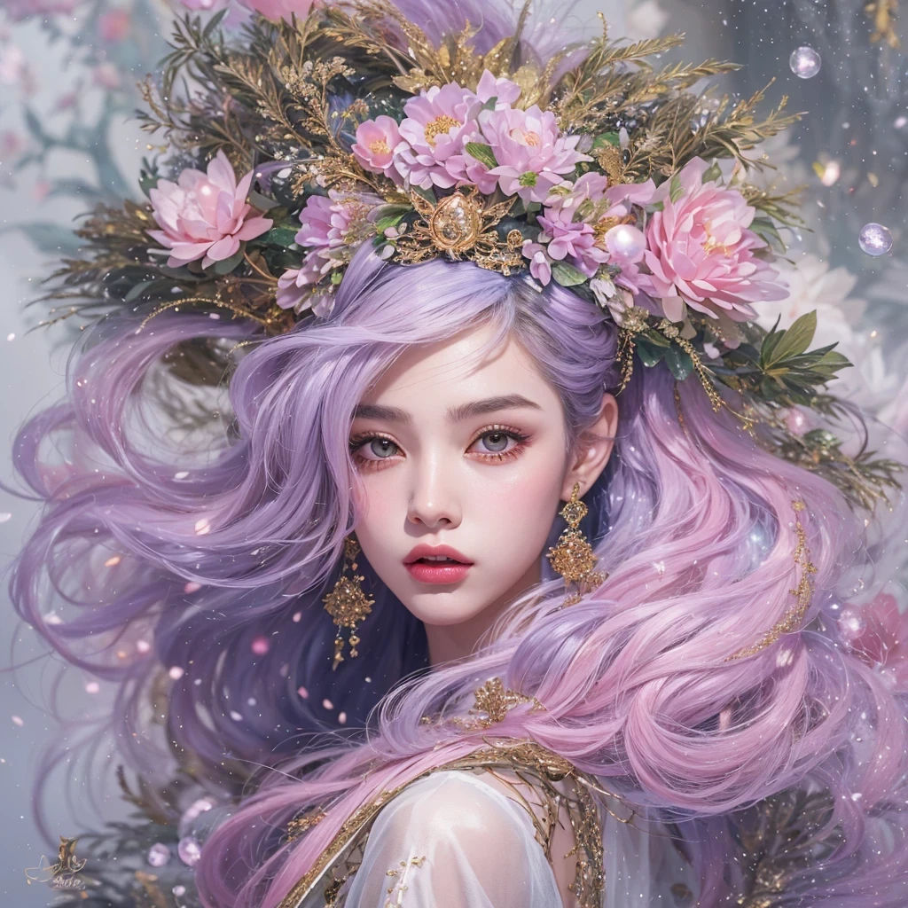 （（（Single eyelid）））Snow hoop exclusion area 32K（tmasterpiece，k hd，hyper HD，32K）Long flowing purple-pink hair，Autumn Pond，zydink， a color， Tongzhou people （Girl with glowing eyes）， （Thin silk scarf）， Side squat position， looking at the ground， long whitr hair， Floating hair， Python headdress， Chinese long-sleeved clothing， （abstract ink splash：1.2）， white backgrounid，Lotus protector（realisticlying：1.4），Purple-pink hair，Snowflakes fluttering，The background is pure， A high resolution， the detail， RAW photogr， Sharp Re， Nikon D850 Film Stock Photo by Jefferies Lee 4 Kodak Portra 400 Camera F1.6 shots, Rich colors, ultra-realistic vivid textures, Dramatic lighting, Unreal Engine Art Station Trend, cinestir 800，Long flowing purple-pink hair，((masterpiece)). This artwork is sweet, dreamy and ethereal, with soft pink watercolor hues and candy accents. Generate a delicate and demure fae exploring a (bubblegum world with a wide variety of pastel shades). Her sweet face is extremely detailed and realistic with elegant features and a fierce expression, and looks like ((((naomi scott)))). Include mature features and stunning, highly realistic eyes. Her eyes are important and should be realistic, highly detailed, and beautiful. In high definition and detail, include lots of details like stars, galaxies, colorful bubbles, colorful petals, and lots of energy and emotion! The stars and colorful bubblegum bubbles are important! Include fantasy details, enhanced details, iridescence, colorful glittering wind, and pollen. Pay special attention to her face and make sure it is beautifully and realistically detailed. The image should be dreamy and ethereal.8k, intricate, elegant, highly detailed, majestic, digital photography