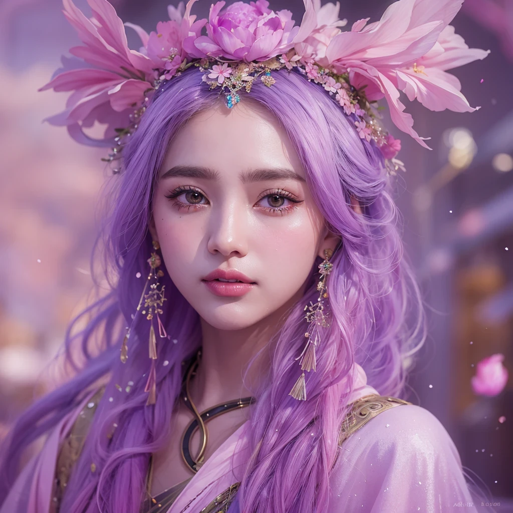 （（（Single eyelid）））Snow hoop exclusion area 32K（tmasterpiece，k hd，hyper HD，32K）Long flowing purple-pink hair，Autumn Pond，zydink， a color， Tongzhou people （Girl with glowing eyes）， （Thin silk scarf）， Side squat position， looking at the ground， long whitr hair， Floating hair， Python headdress， Chinese long-sleeved clothing， （abstract ink splash：1.2）， white backgrounid，Lotus protector（realisticlying：1.4），Purple-pink hair，Snowflakes fluttering，The background is pure， A high resolution， the detail， RAW photogr， Sharp Re， Nikon D850 Film Stock Photo by Jefferies Lee 4 Kodak Portra 400 Camera F1.6 shots, Rich colors, ultra-realistic vivid textures, Dramatic lighting, Unreal Engine Art Station Trend, cinestir 800，Long flowing purple-pink hair，((masterpiece)). This artwork is sweet, dreamy and ethereal, with soft pink watercolor hues and candy accents. Generate a delicate and demure fae exploring a (bubblegum world with a wide variety of pastel shades). Her sweet face is extremely detailed and realistic with elegant features and a fierce expression, and looks like ((((naomi scott)))). Include mature features and stunning, highly realistic eyes. Her eyes are important and should be realistic, highly detailed, and beautiful. In high definition and detail, include lots of details like stars, galaxies, colorful bubbles, colorful petals, and lots of energy and emotion! The stars and colorful bubblegum bubbles are important! Include fantasy details, enhanced details, iridescence, colorful glittering wind, and pollen. Pay special attention to her face and make sure it is beautifully and realistically detailed. The image should be dreamy and ethereal.8k, intricate, elegant, highly detailed, majestic, digital photography
