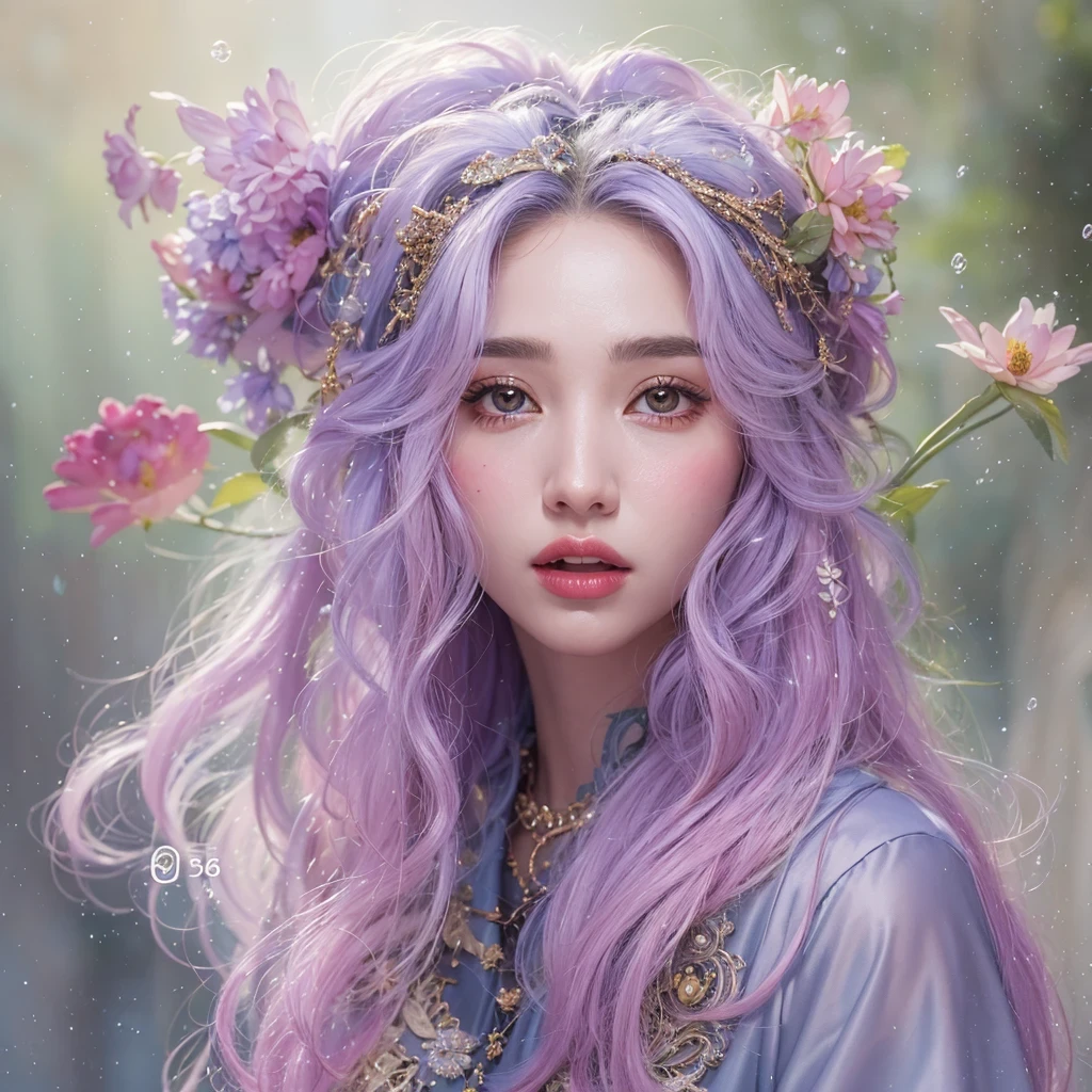 (((Single eyelid)))Snow hoop exclusion area 32K(tmasterpiece,k hd,hyper HD,32K)Long flowing purple-pink hair,Autumn Pond,zydink, a color, Tongzhou people (Girl with glowing eyes), (Thin silk scarf), Side squat position, looking at the ground, long whitr hair, Floating hair, Python headdress, Chinese long-sleeved clothing, (abstract ink splash:1.2), white backgrounid,Lotus protector(realisticlying:1.4),Purple-pink hair,Snowflakes fluttering,The background is pure, A high resolution, the detail, RAW photogr, Sharp Re, Nikon D850 Film Stock Photo by Jefferies Lee 4 Kodak Portra 400 Camera F1.6 shots, Rich colors, ultra-realistic vivid textures, Dramatic lighting, Unreal Engine Art Station Trend, cinestir 800,Long flowing purple-pink hair,((masterpiece)). This artwork is sweet, dreamy and ethereal, with soft pink watercolor hues and candy accents. Generate a delicate and demure fae exploring a (bubblegum world with a wide variety of pastel shades). Her sweet face is extremely detailed and realistic with elegant features and a fierce expression, and looks like ((((naomi scott)))). Include mature features and stunning, highly realistic eyes. Her eyes are important and should be realistic, highly detailed, and beautiful. In high definition and detail, include lots of details like stars, galaxies, colorful bubbles, colorful petals, and lots of energy and emotion! The stars and colorful bubblegum bubbles are important! Include fantasy details, enhanced details, iridescence, colorful glittering wind, and pollen. Pay special attention to her face and make sure it is beautifully and realistically detailed. The image should be dreamy and ethereal.8k, intricate, elegant, highly detailed, majestic, digital photography
