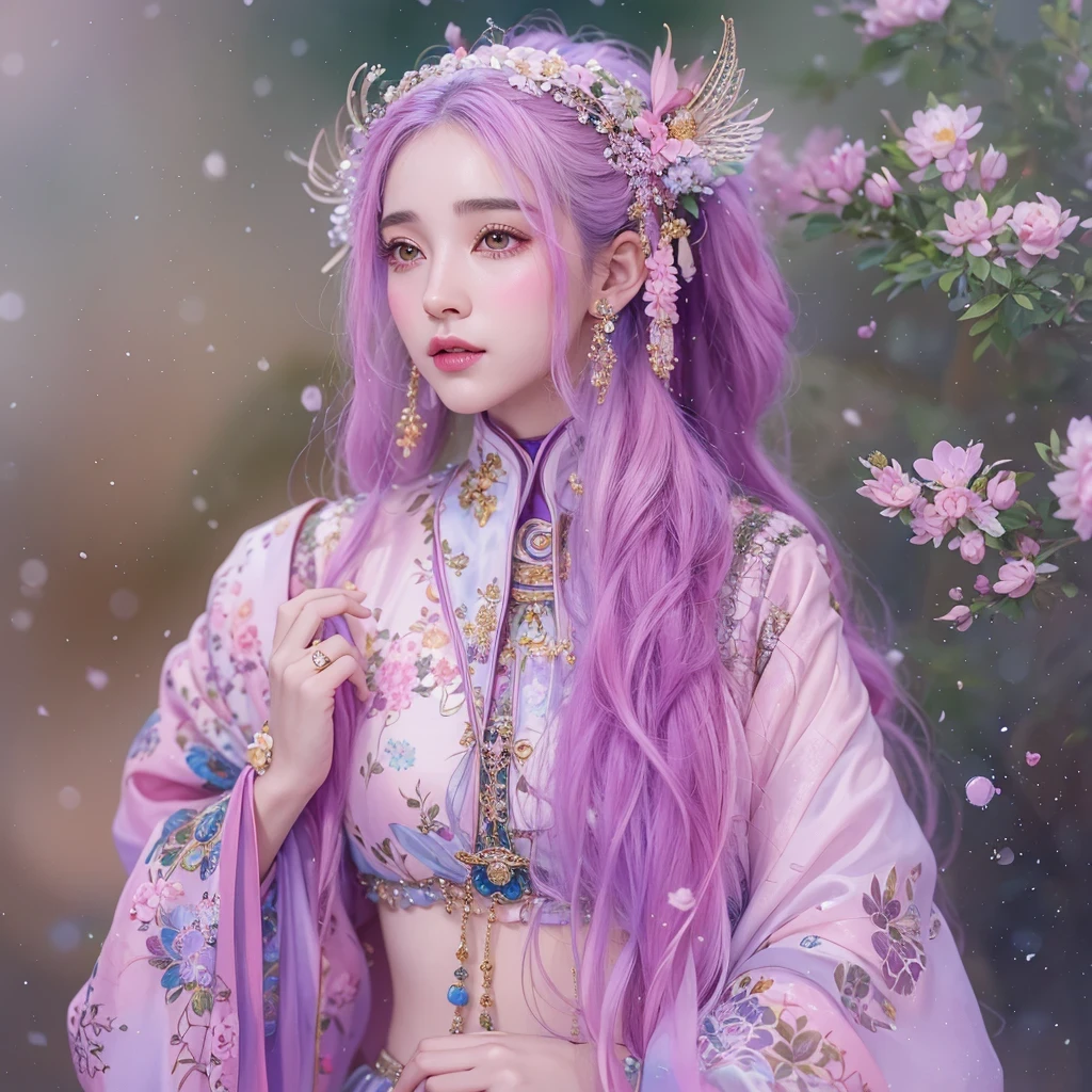 (((Single eyelid)))Snow hoop exclusion area 32K(tmasterpiece,k hd,hyper HD,32K)Long flowing purple-pink hair,Autumn Pond,zydink, a color, Tongzhou people (Girl with glowing eyes), (Thin silk scarf), Side squat position, looking at the ground, long whitr hair, Floating hair, Python headdress, Chinese long-sleeved clothing, (abstract ink splash:1.2), white backgrounid,Lotus protector(realisticlying:1.4),Purple-pink hair,Snowflakes fluttering,The background is pure, A high resolution, the detail, RAW photogr, Sharp Re, Nikon D850 Film Stock Photo by Jefferies Lee 4 Kodak Portra 400 Camera F1.6 shots, Rich colors, ultra-realistic vivid textures, Dramatic lighting, Unreal Engine Art Station Trend, cinestir 800,Long flowing purple-pink hair,((masterpiece)). This artwork is sweet, dreamy and ethereal, with soft pink watercolor hues and candy accents. Generate a delicate and demure fae exploring a (bubblegum world with a wide variety of pastel shades). Her sweet face is extremely detailed and realistic with elegant features and a fierce expression, and looks like ((((naomi scott)))). Include mature features and stunning, highly realistic eyes. Her eyes are important and should be realistic, highly detailed, and beautiful. In high definition and detail, include lots of details like stars, galaxies, colorful bubbles, colorful petals, and lots of energy and emotion! The stars and colorful bubblegum bubbles are important! Include fantasy details, enhanced details, iridescence, colorful glittering wind, and pollen. Pay special attention to her face and make sure it is beautifully and realistically detailed. The image should be dreamy and ethereal.8k, intricate, elegant, highly detailed, majestic, digital photography