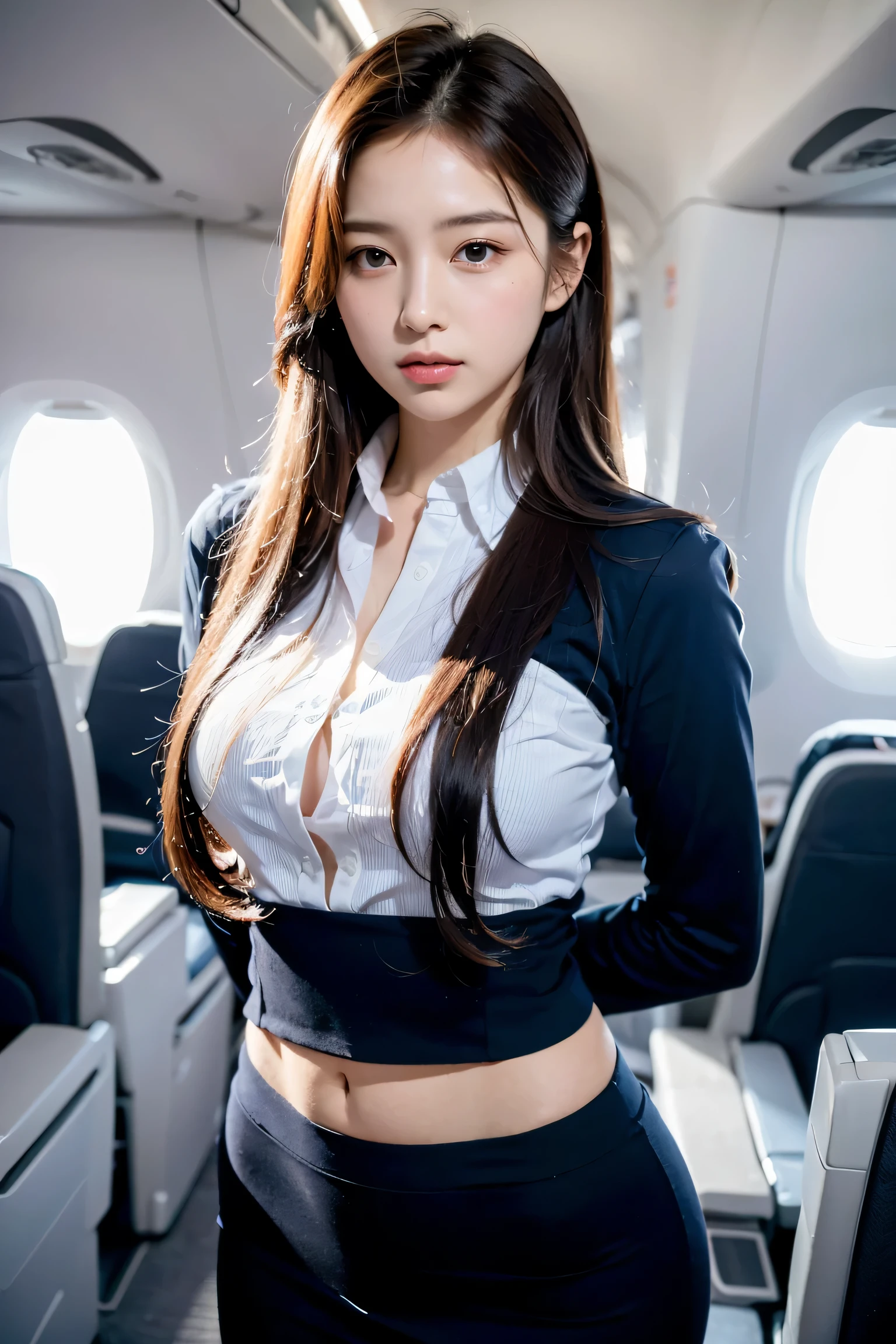 highest quality, masterpiece, 8k, Ultra-high resolution, (Realistic: 1.4), 1 girl, Beautiful Face, Symmetrical eyes, big, Perfect Body Proportions, Stewardess Uniform, Audience&#39;sight, (Inside the plane: 1.2), Front view, Shoulder jumps, Absolute area (1.3),