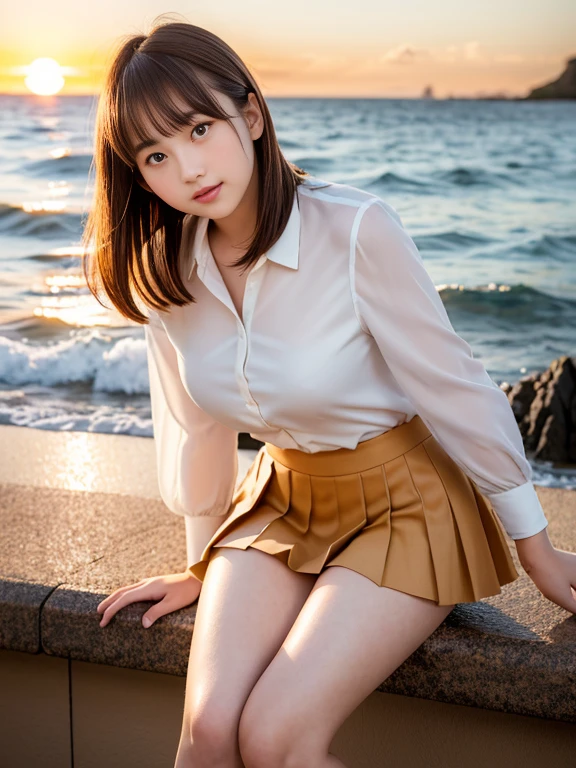 (highest quality, High resolution, Tabletop :1.3), (Shooting from below), high school girl、Wearing 、、Japanese women,(whole body)、17 years old、Wearing a miniskirt、Healthy thighs、Even bangs、 Very beautiful face, Beautiful girls, Beautiful realistic face,Beautiful woman, Orange sunset sky, Sun and clouds with ocean in the background, cute girl in uniform. her hair is light brown、Medium bob style。. She wears a white blouse and pleated skirt, Stand with your feet wide apart, Blushing, looking at the camera, Dynamic photography