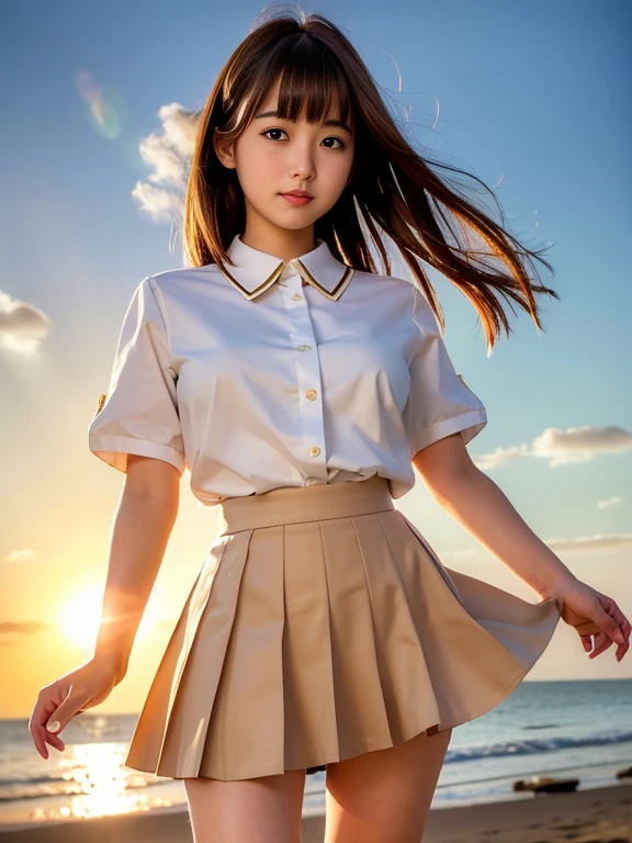 (highest quality, High resolution, Tabletop :1.3), (Shooting from below), high school girl、Wearing 、、Japanese women,（whole body）、17 years old、Wearing a miniskirt、Healthy thighs、Even bangs、 Very beautiful face, Beautiful girls, Beautiful realistic face,Beautiful woman, Orange sunset sky, Sun and clouds with ocean in the background, cute girl in uniform. her hair is light brown、Medium bob style。. She wears a white blouse and pleated skirt, Stand with your feet wide apart, Blushing, looking at the camera, Dynamic photography