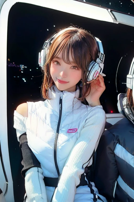 High resolution, highest quality, Perfect dynamic composition, Beautiful details, Off the shoulder、Shiny Hair、Medium Hair, Natural color lip, university student、Harajuku、smile、(headphone),(headset),(astrovest):3,(black sleeves):5,inside spacestation,inside spacecraft,,zero gravity,smile,open leg,blush:1.5,hidden hands,neotech