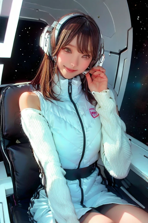 High resolution, highest quality, Perfect dynamic composition, Beautiful details, Off the shoulder、Shiny Hair、Medium Hair, Natural color lip, university student、Harajuku、smile、(headphone),(headset),(astrovest):3,(black sleeves):5,inside spacestation,inside spacecraft,,zero gravity,smile,open leg,blush:1.5,hidden hands,neotech
