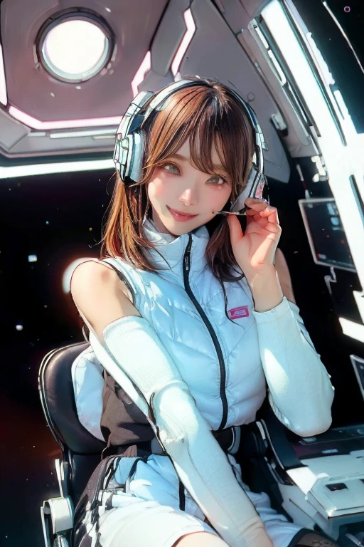High resolution, highest quality, Perfect dynamic composition, Beautiful details, Off the shoulder、Shiny Hair、Medium Hair, Natural color lip, university student、Harajuku、smile、(headphone),(headset),(astrovest):3,(black sleeves):5,inside spacestation,inside spacecraft,,zero gravity,smile,open leg,blush:1.5,hidden hands,neotech