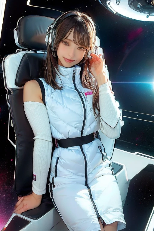 High resolution, highest quality, Perfect dynamic composition, Beautiful details, Off the shoulder、Shiny Hair、Medium Hair, Natural color lip, university student、Harajuku、smile、(headphone),(headset),(astrovest):3,(black sleeves):5,inside spacestation,inside spacecraft,,zero gravity,smile,open leg,blush:1.5,hidden hands,neotech