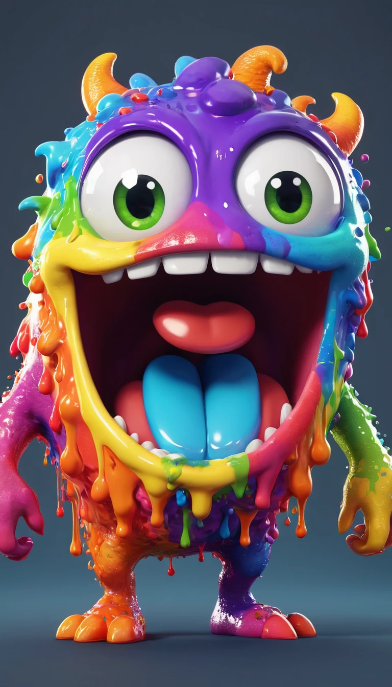 My world style rainbow monster，Mouth full of paint, Cute 3d rendering, Character covered in liquid, Rendering in Cinema 4D octane, Blender Art, Cinema 4d colorful rendering, Very detailed happy photo, rendered in cinema4d, Rendering in Cinema 4D, Color octane rendering, 3D Illustration, 3D Illustration, Stylized as 3D rendering . Block, Pixelated, Vibrant colors, Recognizable people and objects, game assets