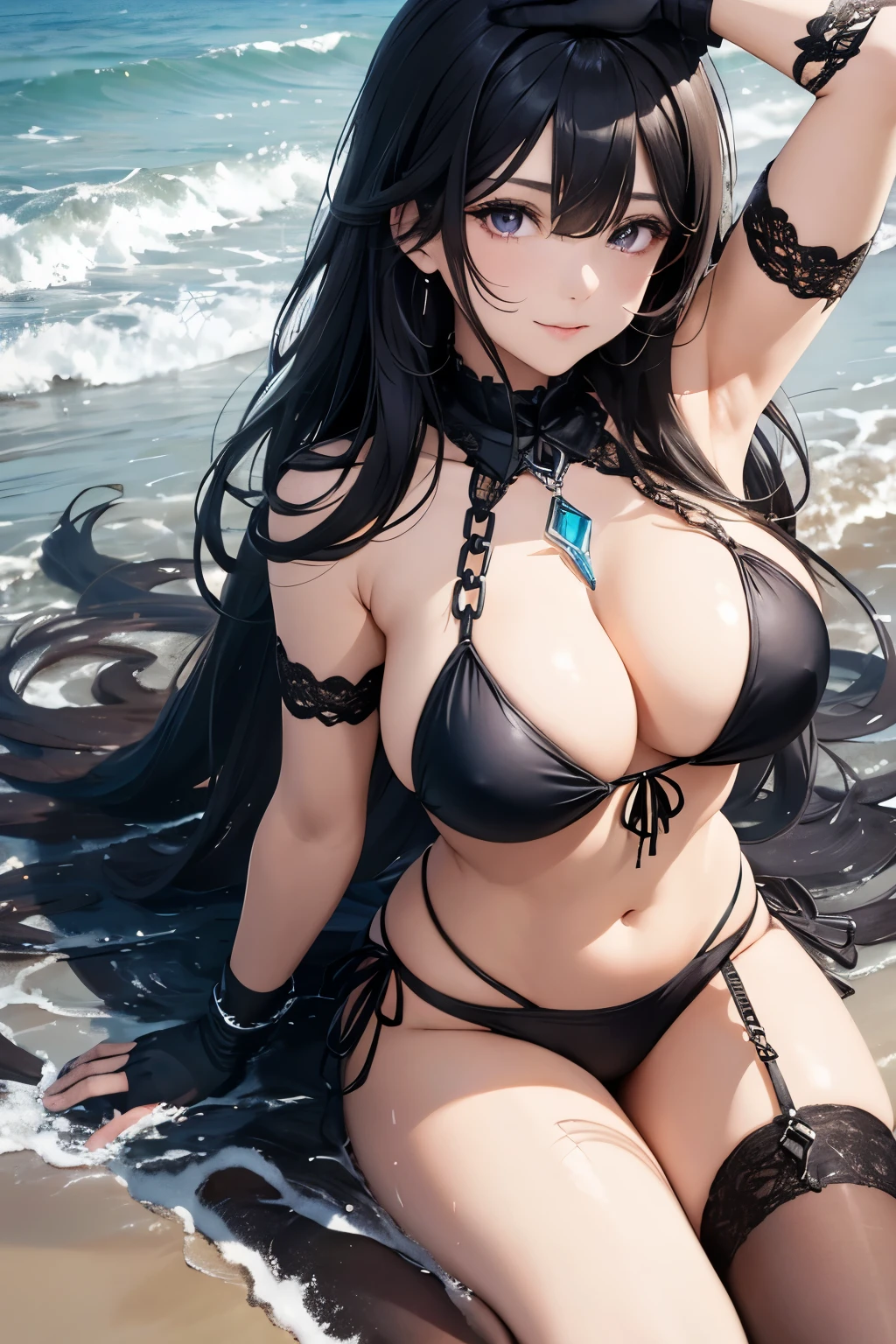 female, solo,, blue bikini, beach, smile, shut up, big breasts, black silk, black hair, long hair, pull-back, lip flap, purple eyes, long face, 1 female, manga style, beautiful long legs, beautiful body, beautiful nose, beautiful character design, perfect eyes, perfect face, look at the audience, sarong, chains, gloves, arm up, kneeling, torn legwear, shocker (gesture) --auto --s2