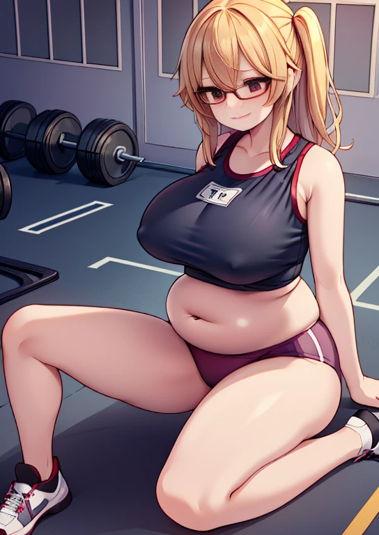 (masterpiece, best quality, highly detailed), 1girls, big belly, huge belly, art by kipteitei, round belly, chubby, curvy, belly grab, enormous belly, fat belly, thicc, bigger belly, really big belly, jiggly belly, glasses, (((((extremely thight gym clothes))))), ((cum on belly)), smug face, sitting, ((full body)), long hair, ((dominant)), (giantess), Flandre scarlet