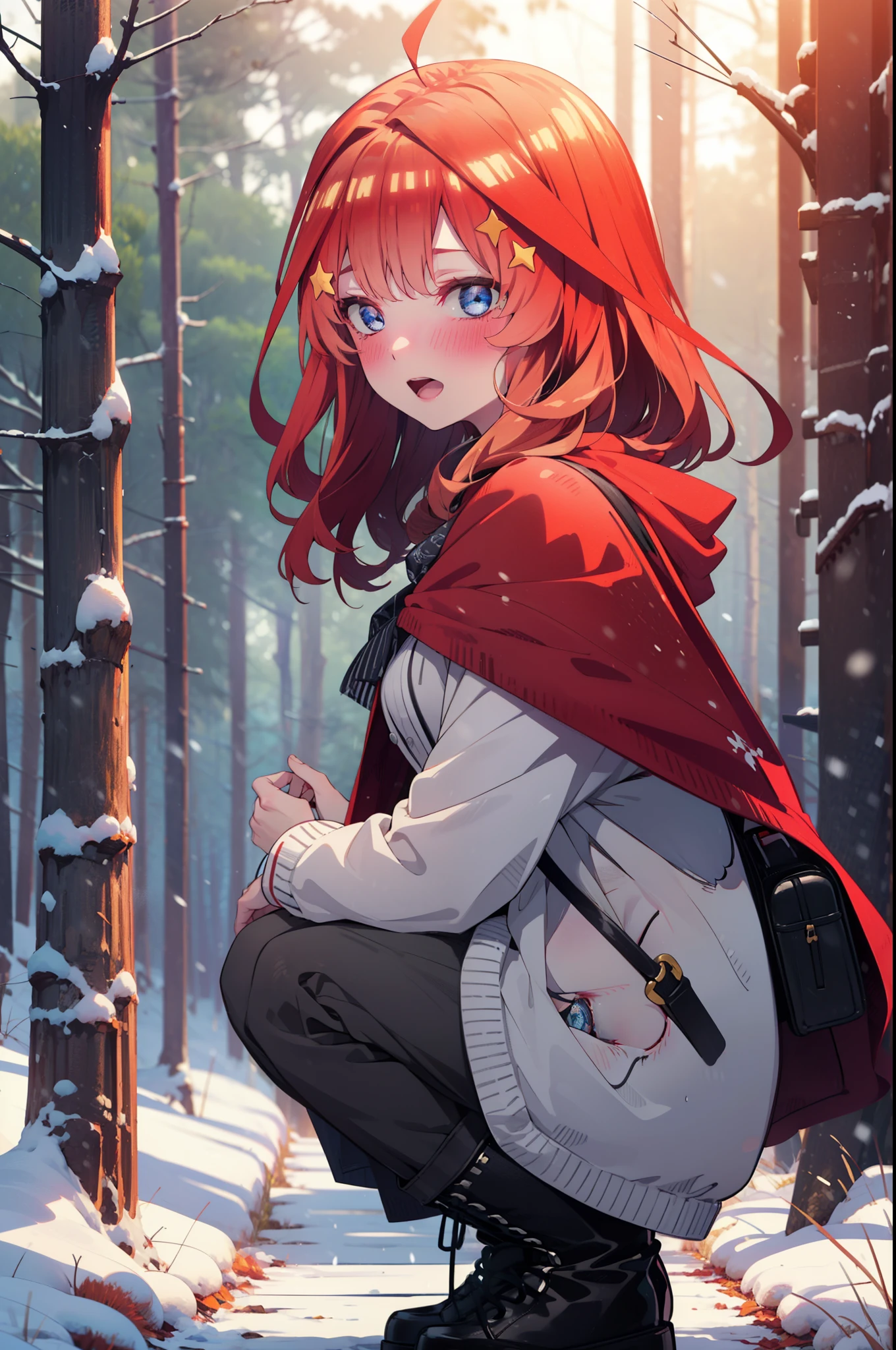 itsukinakano, Itsuki Nakano, bangs, blue eyes, Hair between the eyes, Ahoge, Redhead, star \(symbol\), hair ornaments, star hair ornaments,smile,blush,White Breath,
Open your mouth,snow, fire, Outdoor, boots, snowing, From the side, wood, suitcase, Cape, Blurred, Increase food, forest, White handbag, nature, Squat, Mouth closed, フードed Cape, winter, Written boundary depth, Black shoes, red Cape break looking at viewer, Upper Body, whole body, break Outdoor, forest, nature, break (masterpiece:1.2), highest quality, High resolution, unity 8k wallpaper, (shape:0.8), (Beautiful and beautiful eyes:1.6), Highly detailed face, Perfect lighting, Extremely detailed CG, (Perfect hands, Perfect Anatomy),