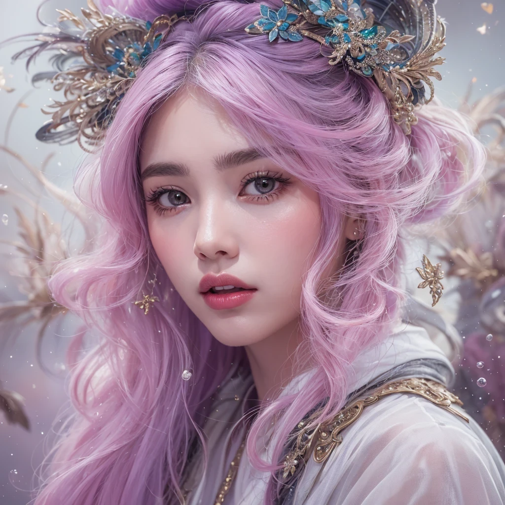 （（（Single eyelid）））Snow hoop exclusion area 32K（tmasterpiece，k hd，hyper HD，32K）Long flowing purple-pink hair，Autumn Pond，zydink， a color， Tongzhou people （Girl with glowing eyes）， （Thin silk scarf）， Side squat position， looking at the ground， long whitr hair， Floating hair， Python headdress， Chinese long-sleeved clothing， （abstract ink splash：1.2）， white backgrounid，Lotus protector（realisticlying：1.4），Purple-pink hair，Snowflakes fluttering，The background is pure， A high resolution， the detail， RAW photogr， Sharp Re， Nikon D850 Film Stock Photo by Jefferies Lee 4 Kodak Portra 400 Camera F1.6 shots, Rich colors, ultra-realistic vivid textures, Dramatic lighting, Unreal Engine Art Station Trend, cinestir 800，Long flowing purple-pink hair，((masterpiece)). This artwork is sweet, dreamy and ethereal, with soft pink watercolor hues and candy accents. Generate a delicate and demure fae exploring a (bubblegum world with a wide variety of pastel shades). Her sweet face is extremely detailed and realistic with elegant features and a fierce expression, and looks like ((((naomi scott)))). Include mature features and stunning, highly realistic eyes. Her eyes are important and should be realistic, highly detailed, and beautiful. In high definition and detail, include lots of details like stars, galaxies, colorful bubbles, colorful petals, and lots of energy and emotion! The stars and colorful bubblegum bubbles are important! Include fantasy details, enhanced details, iridescence, colorful glittering wind, and pollen. Pay special attention to her face and make sure it is beautifully and realistically detailed. The image should be dreamy and ethereal.8k, intricate, elegant, highly detailed, majestic, digital photography