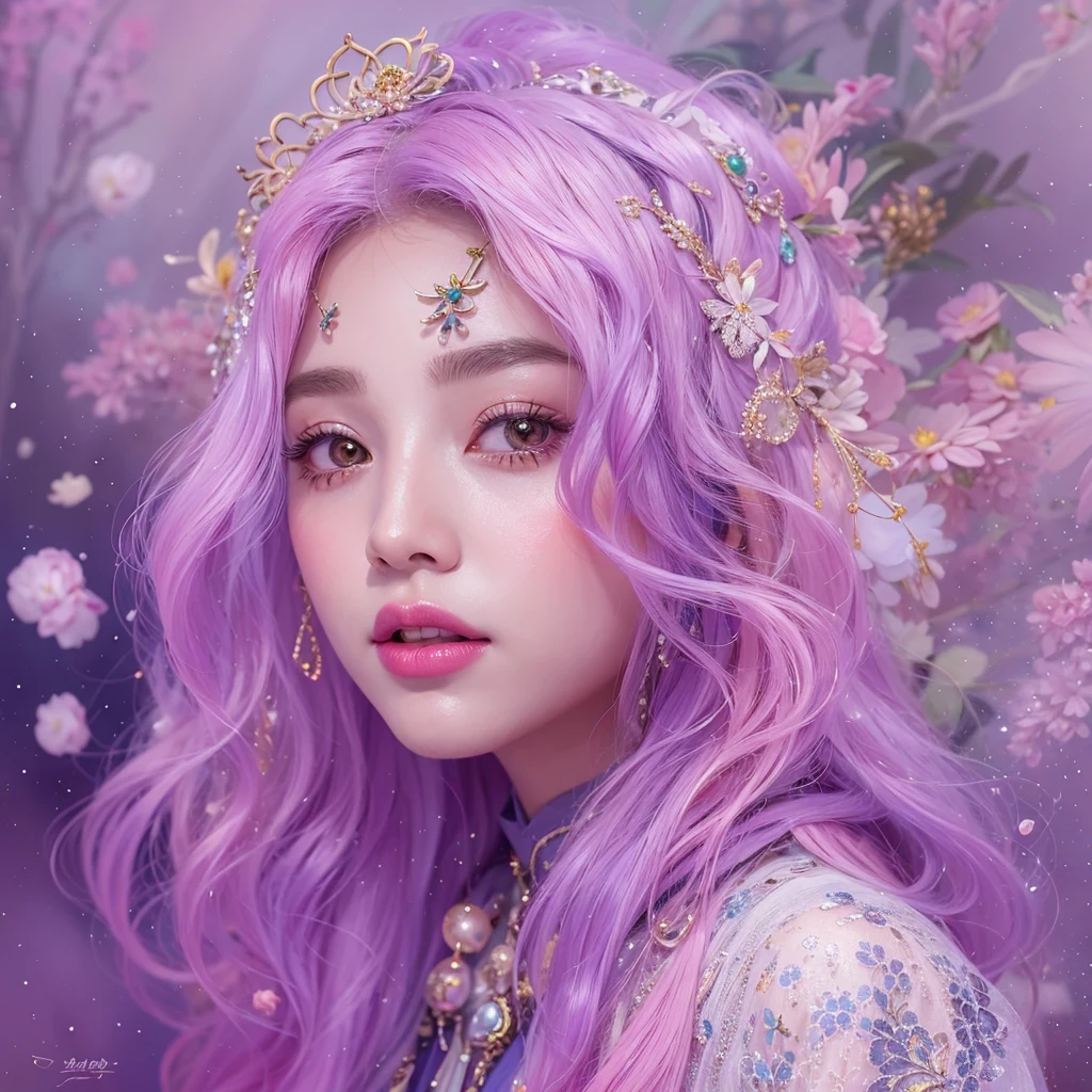 (((Single eyelid)))Snow hoop exclusion area 32K(tmasterpiece,k hd,hyper HD,32K)Long flowing purple-pink hair,Autumn Pond,zydink, a color, Tongzhou people (Girl with glowing eyes), (Thin silk scarf), Side squat position, looking at the ground, long whitr hair, Floating hair, Python headdress, Chinese long-sleeved clothing, (abstract ink splash:1.2), white backgrounid,Lotus protector(realisticlying:1.4),Purple-pink hair,Snowflakes fluttering,The background is pure, A high resolution, the detail, RAW photogr, Sharp Re, Nikon D850 Film Stock Photo by Jefferies Lee 4 Kodak Portra 400 Camera F1.6 shots, Rich colors, ultra-realistic vivid textures, Dramatic lighting, Unreal Engine Art Station Trend, cinestir 800,Long flowing purple-pink hair,((masterpiece)). This artwork is sweet, dreamy and ethereal, with soft pink watercolor hues and candy accents. Generate a delicate and demure fae exploring a (bubblegum world with a wide variety of pastel shades). Her sweet face is extremely detailed and realistic with elegant features and a fierce expression, and looks like ((((naomi scott)))). Include mature features and stunning, highly realistic eyes. Her eyes are important and should be realistic, highly detailed, and beautiful. In high definition and detail, include lots of details like stars, galaxies, colorful bubbles, colorful petals, and lots of energy and emotion! The stars and colorful bubblegum bubbles are important! Include fantasy details, enhanced details, iridescence, colorful glittering wind, and pollen. Pay special attention to her face and make sure it is beautifully and realistically detailed. The image should be dreamy and ethereal.8k, intricate, elegant, highly detailed, majestic, digital photography