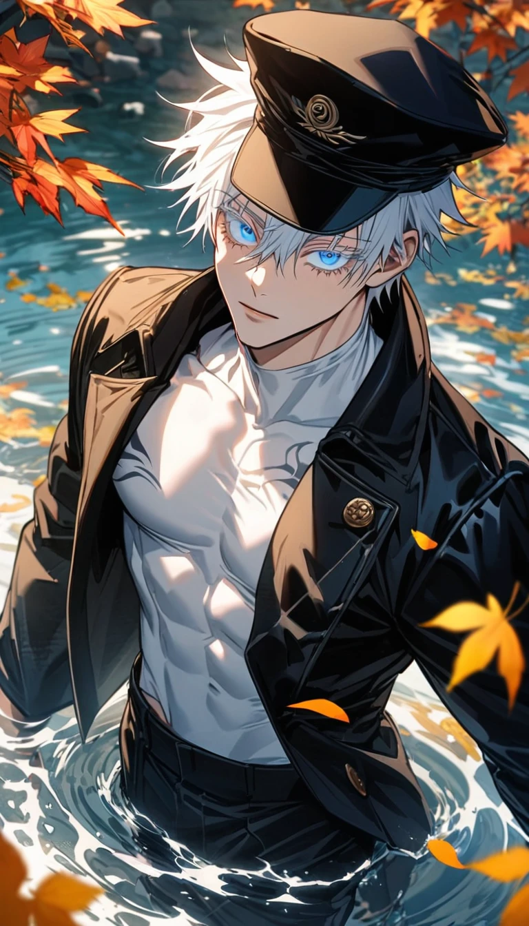 Ultra detailed, highres, absurdres, HDR, Gojo Satoru, white short hair with bangs, hair between the eyes, expressive blue eyes, white eyelashes, black round sunglasses, Jujutsu Kaisen, water, autumn, petals, orange and yellow leaves, sexy man, solo, extremely handsome, very detailed face and eyes, black shirt, black long coat, black pants, toned chest,