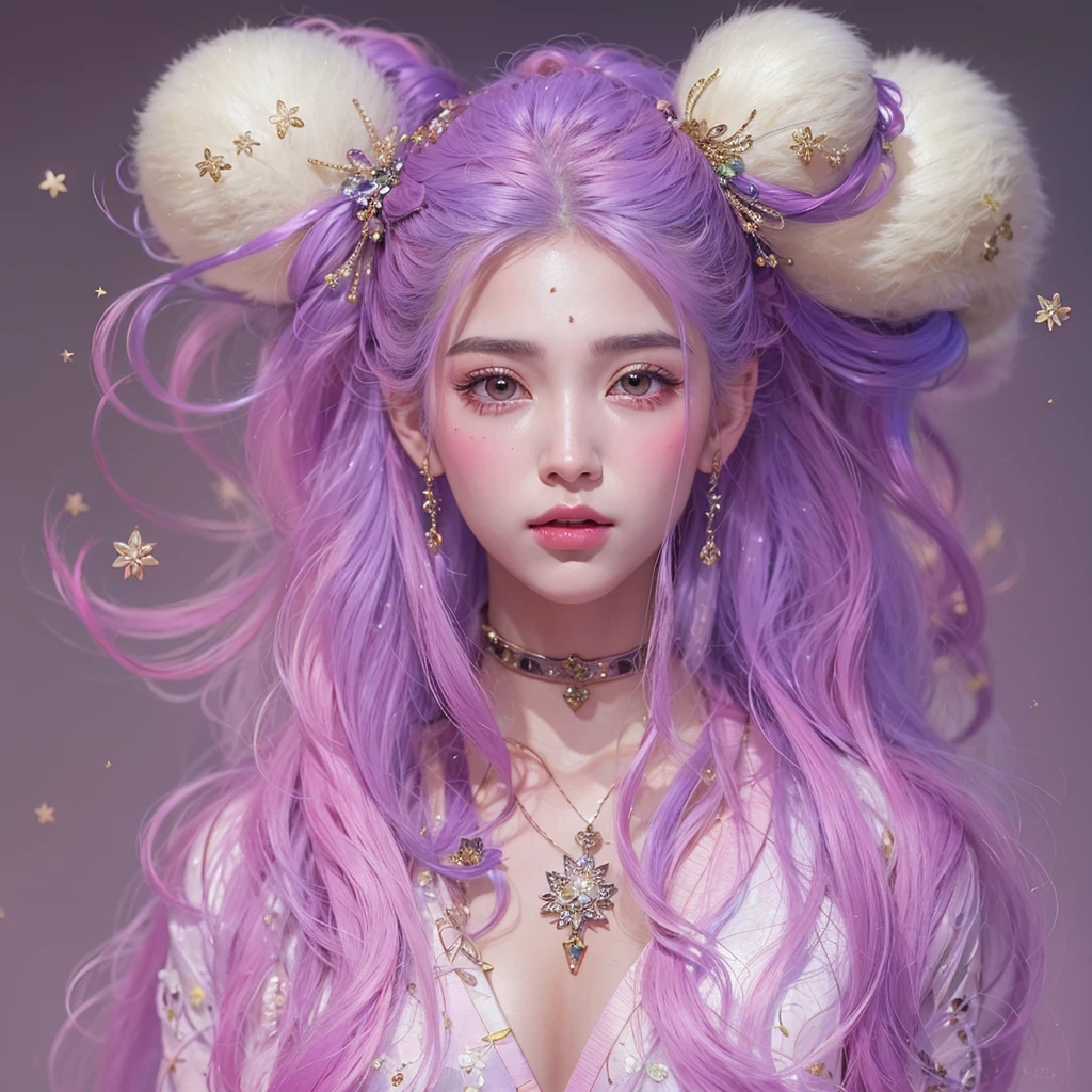 （（（Single eyelid）））Snow hoop exclusion area 32K（tmasterpiece，k hd，hyper HD，32K）Long flowing purple-pink hair，Autumn Pond，zydink， a color， Tongzhou people （Girl with glowing eyes）， （Thin silk scarf）， Side squat position， looking at the ground， long whitr hair， Floating hair， Python headdress， Chinese long-sleeved clothing， （abstract ink splash：1.2）， white backgrounid，Lotus protector（realisticlying：1.4），Purple-pink hair，Snowflakes fluttering，The background is pure， A high resolution， the detail， RAW photogr， Sharp Re， Nikon D850 Film Stock Photo by Jefferies Lee 4 Kodak Portra 400 Camera F1.6 shots, Rich colors, ultra-realistic vivid textures, Dramatic lighting, Unreal Engine Art Station Trend, cinestir 800，Long flowing purple-pink hair，((masterpiece)). This artwork is sweet, dreamy and ethereal, with soft pink watercolor hues and candy accents. Generate a delicate and demure fae exploring a (bubblegum world with a wide variety of pastel shades). Her sweet face is extremely detailed and realistic with elegant features and a fierce expression, and looks like ((((naomi scott)))). Include mature features and stunning, highly realistic eyes. Her eyes are important and should be realistic, highly detailed, and beautiful. In high definition and detail, include lots of details like stars, galaxies, colorful bubbles, colorful petals, and lots of energy and emotion! The stars and colorful bubblegum bubbles are important! Include fantasy details, enhanced details, iridescence, colorful glittering wind, and pollen. Pay special attention to her face and make sure it is beautifully and realistically detailed. The image should be dreamy and ethereal.8k, intricate, elegant, highly detailed, majestic, digital photography