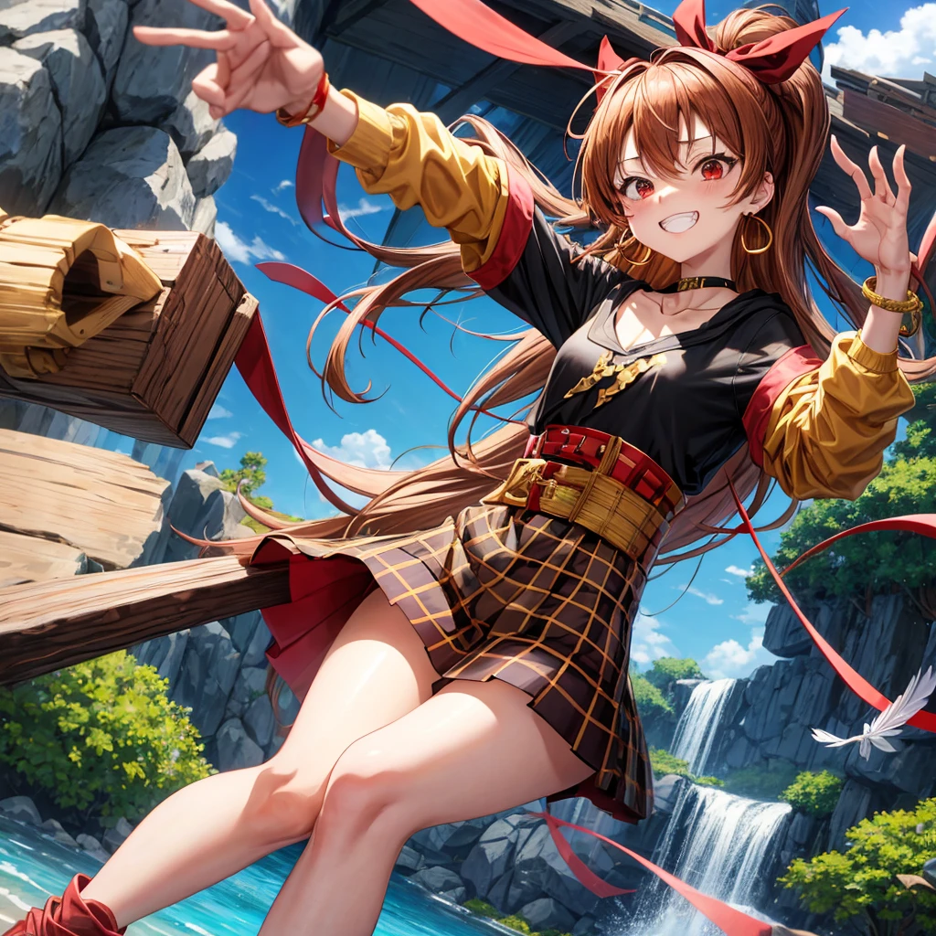 Brown, red, gold, golden hair、Red eyes、One good looking girl、solo、anime、Checkered mini skirt、Black camisole、Black T-shirt、hoodie、Wearing a ribbon、Ribbon on waist、Crystal Earrings、treasure石のネックレス、Light and shadow、Tilting face、Teeth are visible、waterfall、Kuroko、treasure、wearing goggles on head、Feather coat、tunnel