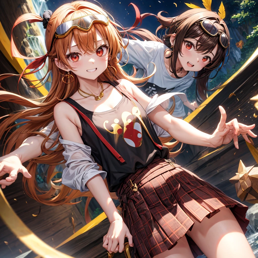 Brown, red, gold, golden hair、Red eyes、One good looking girl、solo、anime、Checkered mini skirt、Black camisole、Black T-shirt、hoodie、Wearing a ribbon、Ribbon on waist、Crystal Earrings、treasure石のネックレス、Light and shadow、Tilting face、Teeth are visible、waterfall、Kuroko、treasure、wearing goggles on head、Feather coat、tunnel