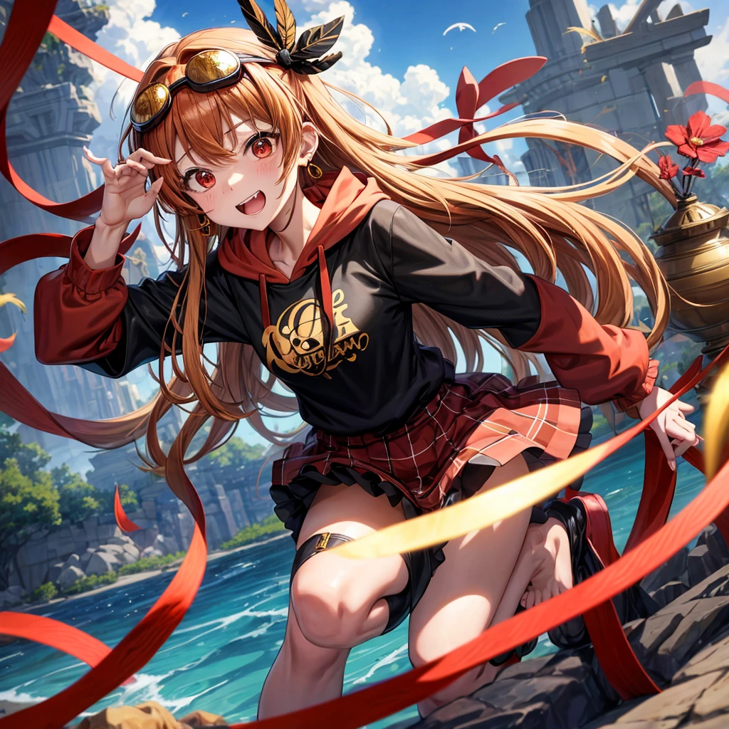 Brown, red, gold, golden hair、Red eyes、One good looking girl、solo、anime、Checkered mini skirt、Black camisole、Black T-shirt、hoodie、Wearing a ribbon、Ribbon on waist、Crystal Earrings、treasure石のネックレス、Light and shadow、Tilting face、Teeth are visible、waterfall、Kuroko、treasure、wearing goggles on head、Feather coat、tunnel