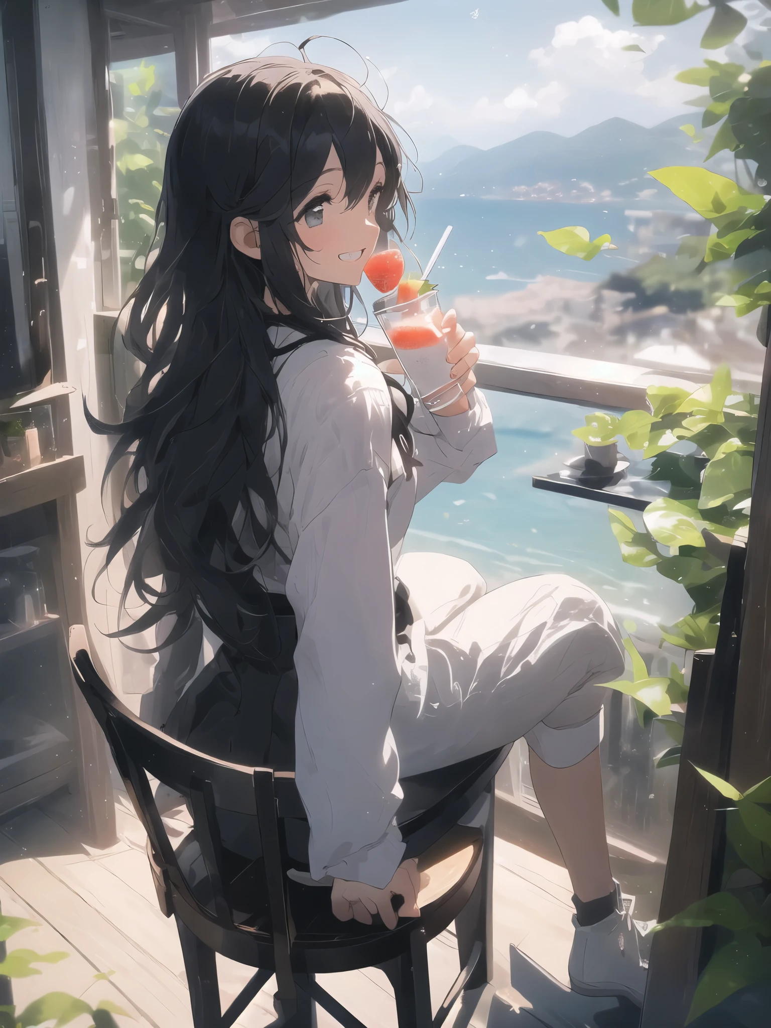 (looking away:1.2),(masterpiece:1.2), (best quality),(ultra detailed),(extremely detailed),(absolutely resolution) ,absurdres,8k, 1girl-drinking-fruits-juice, cafe, sitting-on-the-chair, grin, cake, mountain, blue-coral-sea,  flowers-pods, windy, 
BREAK,  ultra detailed eyes, long hair, messy hair, (gradation hair:1.2),