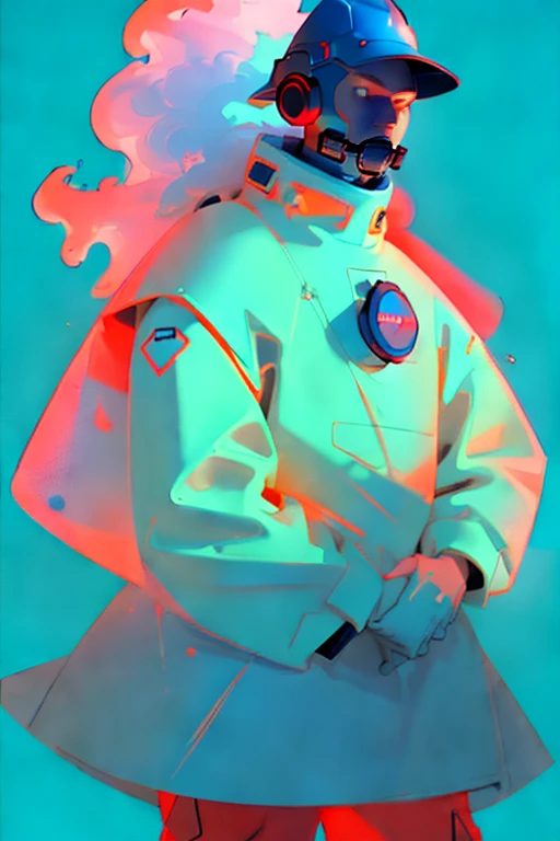  (ultra detailed,ultra high res,detailed background),((2D)),((flat color)),((muted color)), 1solo, looking at viewer, white hazmat suit, (big red galoshes), plush collar, full body image, square helmet, ((smokey blue background))