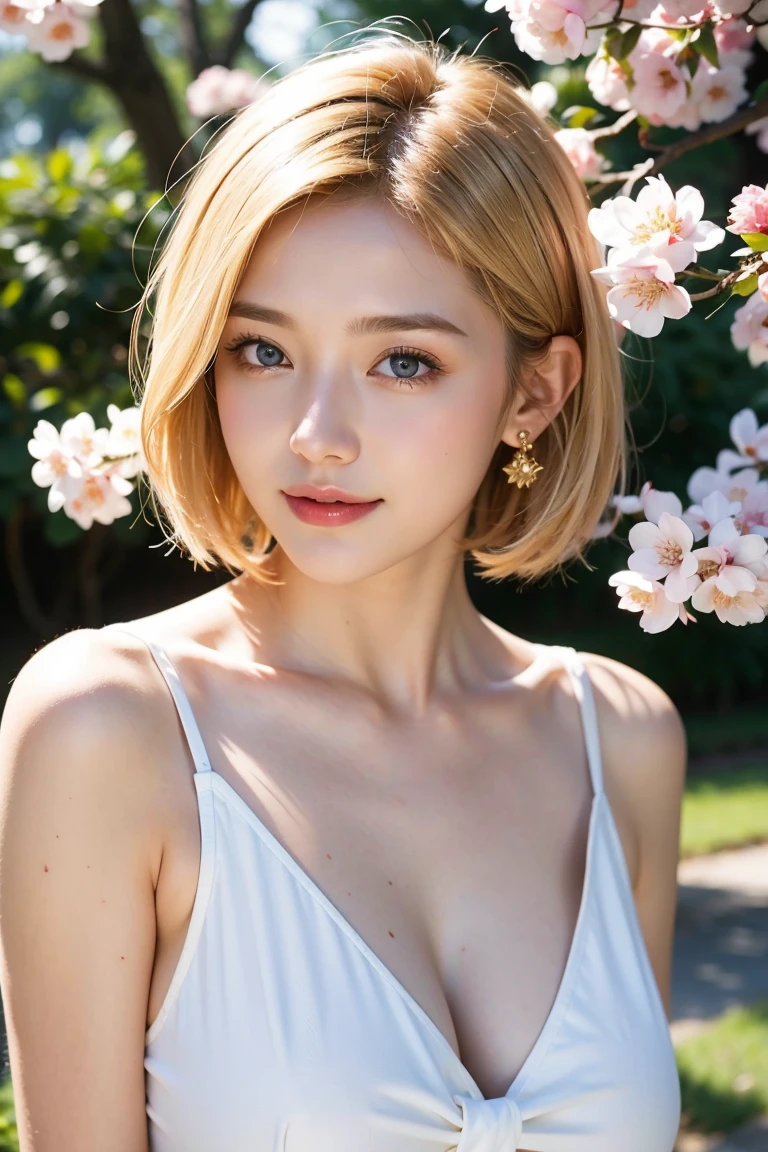 Thin pale face and eyes:1.3、Thin, pale face and eyes:1.3, blue eyes:1.3、8k, {highest quality}, {{masterpiece}}, {Very delicate and beautiful}, Outstanding light and shadow, Highly detailed wallpaper, Sunny and bright sunlight, whole body, whole body、 1 girl, , blush、(Golden Hair:1.3、Short Bob Hair:1.5), Strong sunlight, (China dress:1.5), Delicate Hair, B cup breasts, Realistic skin texture, visible wrinkles on the skin., Broad shoulders,window, ((a strong light shines on your face)), necklace、ring、earrings、Toothy smile:1,5, Cherry blossoms in full bloom at the park、Guts pose:1.5、Ray Tracing